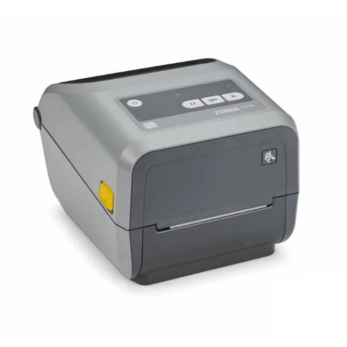 Ein grauer und dunkelgrauer Zebra ZD421 Thermodrucker auf weißem Hintergrund. Es hat Knöpfe und einen gelben Knopf an der Seite.