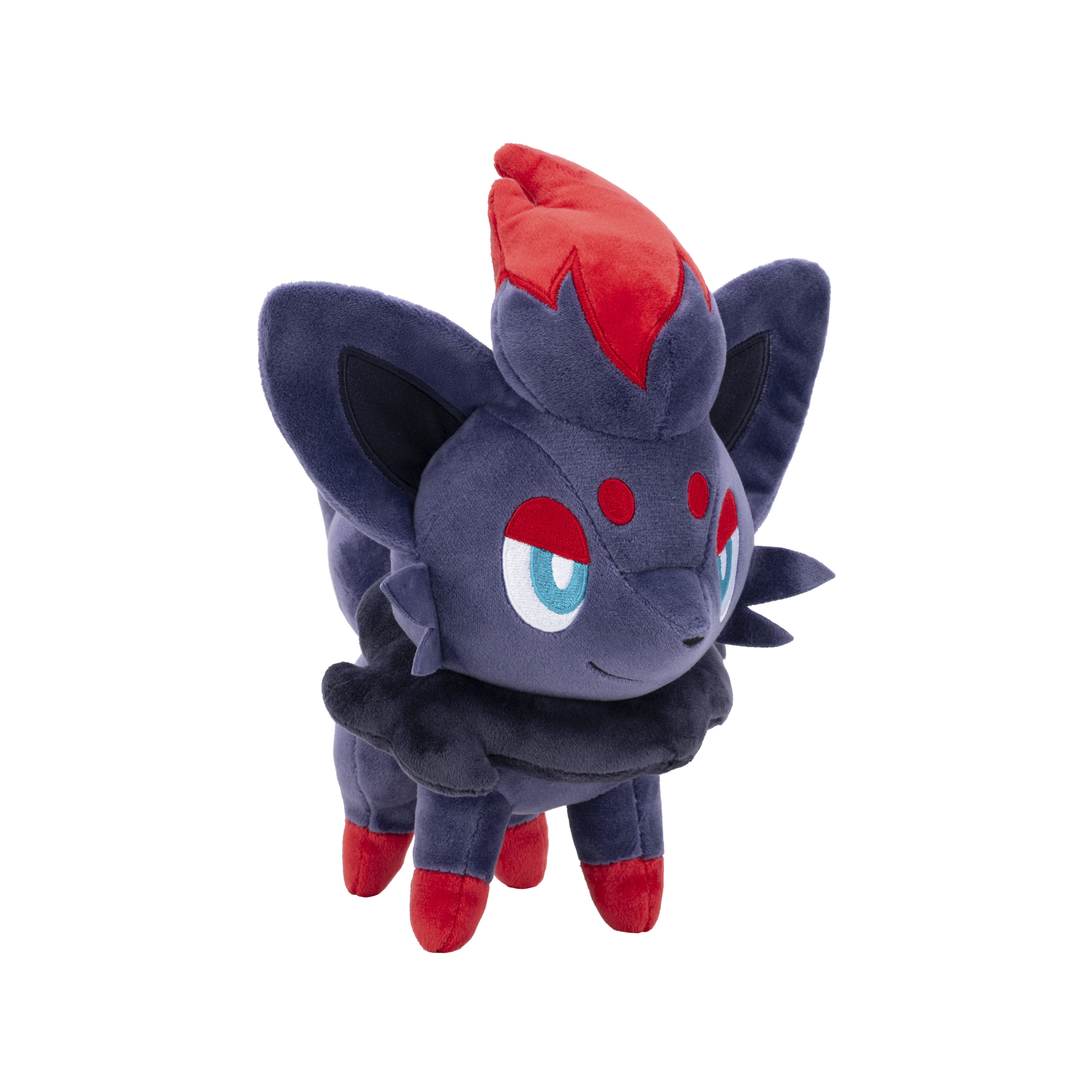 Peluche di Zorua. È blu scuro con accenti rossi. Ha piedi, occhi e cresta rossi.