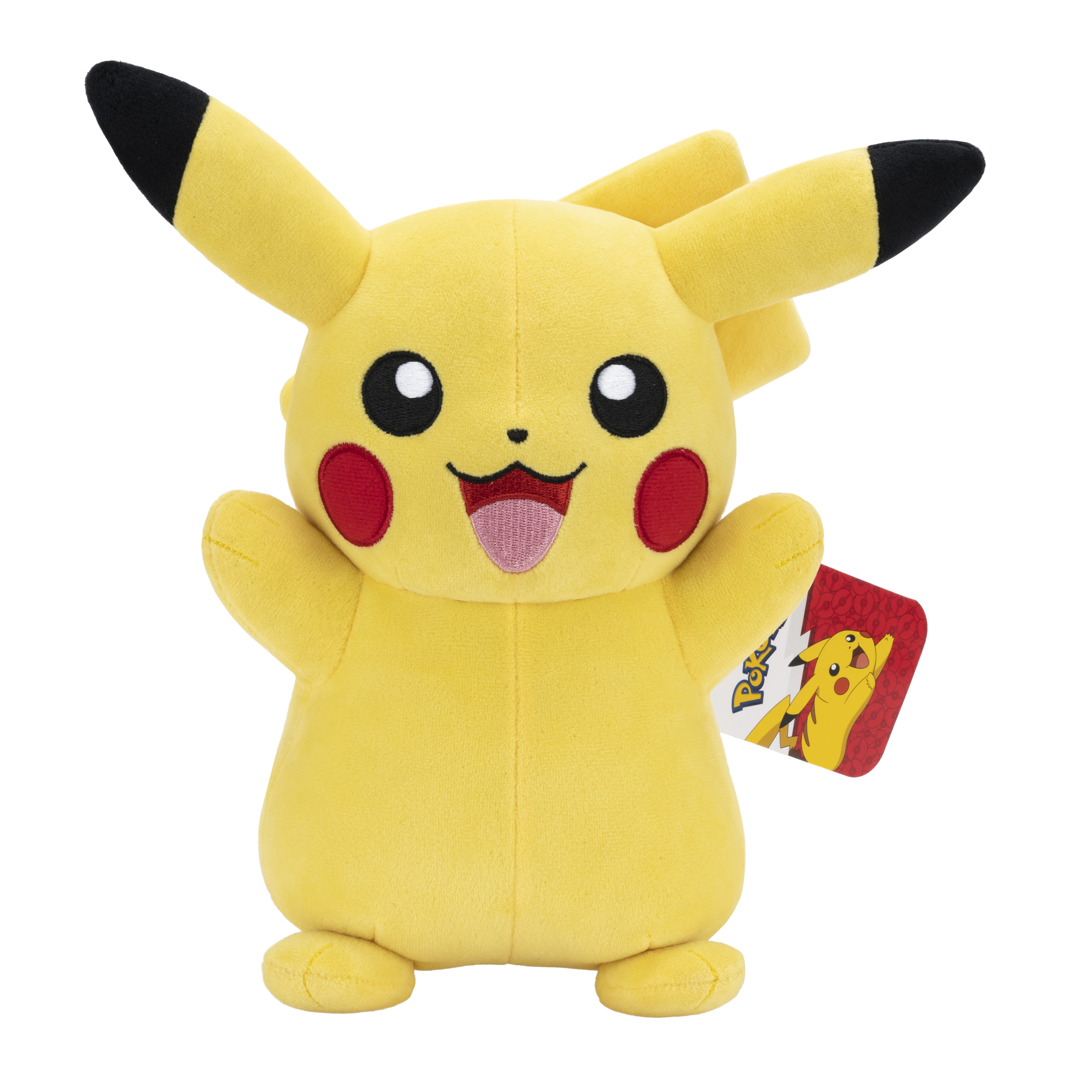 Ein gelbes Pikachu-Plüschtier mit schwarzspitzigen Ohren, roten Wangen und einer rosa Zunge, das lächelt. Ein Etikett ist sichtbar.