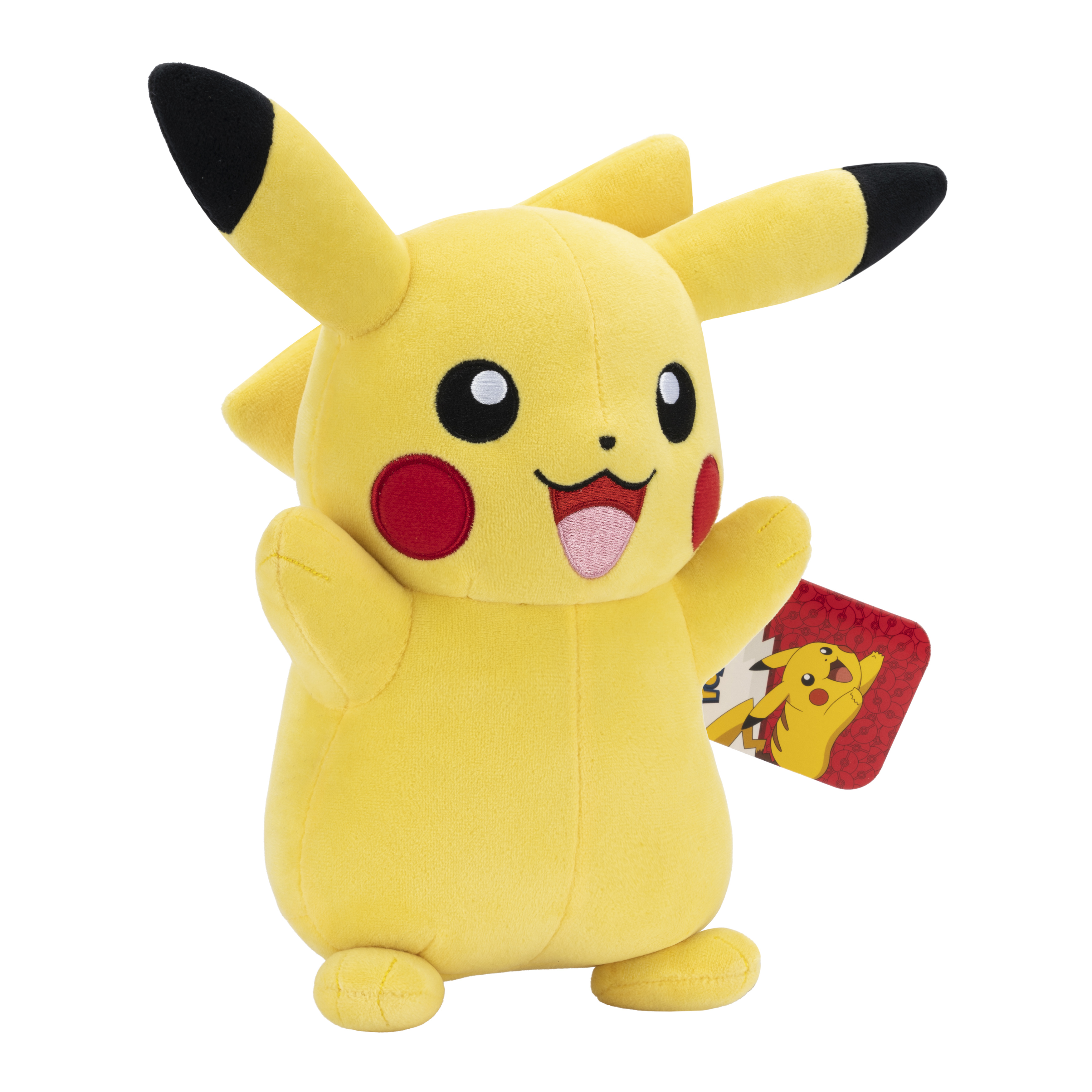 Ein gelbes Pikachu-Plüschtier mit schwarzen Ohrspitzen, roten Wangen, lächelnd und einem Anhänger.