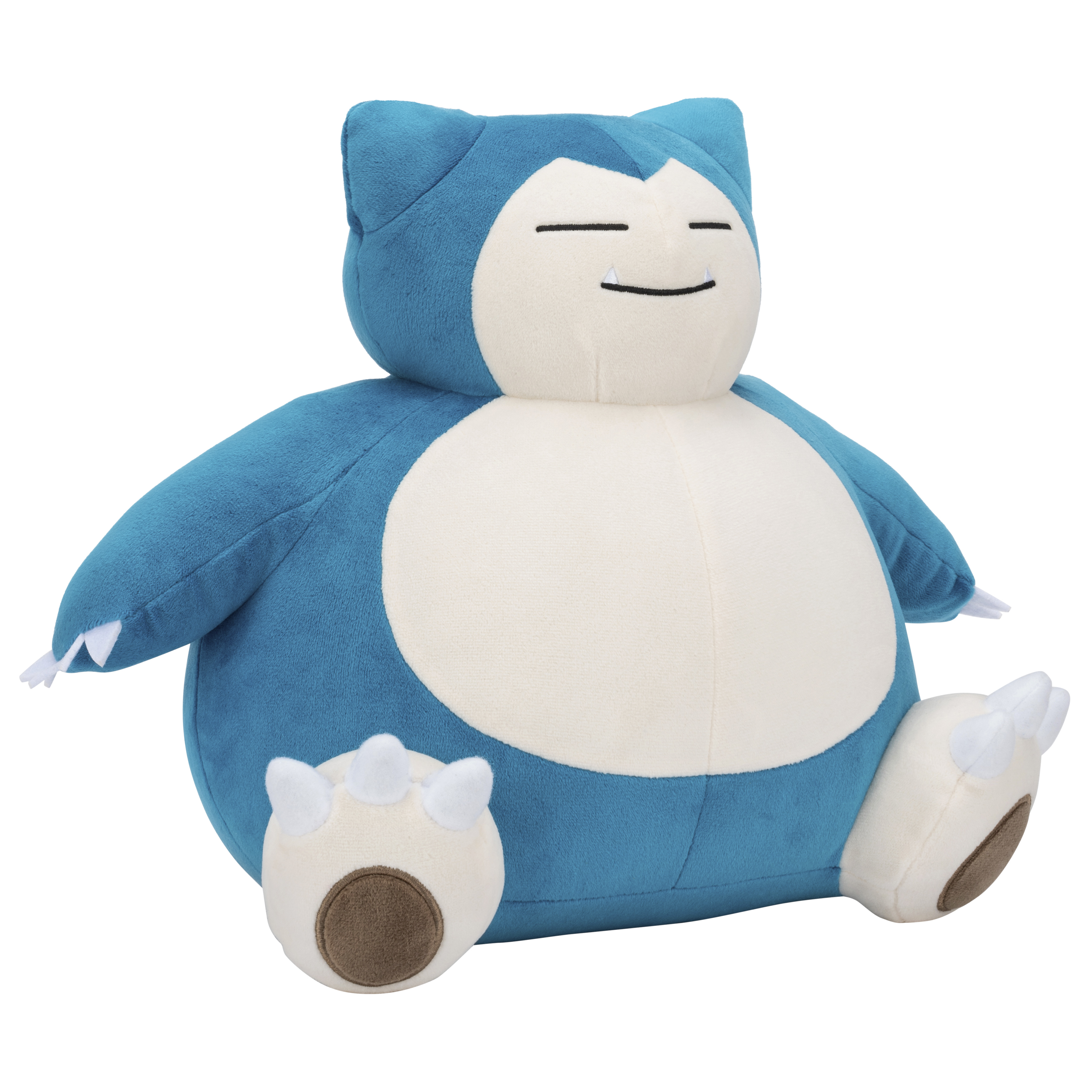 Un peluche di Snorlax blu e crema, con gli occhi chiusi, e seduto. Lo sfondo è bianco.