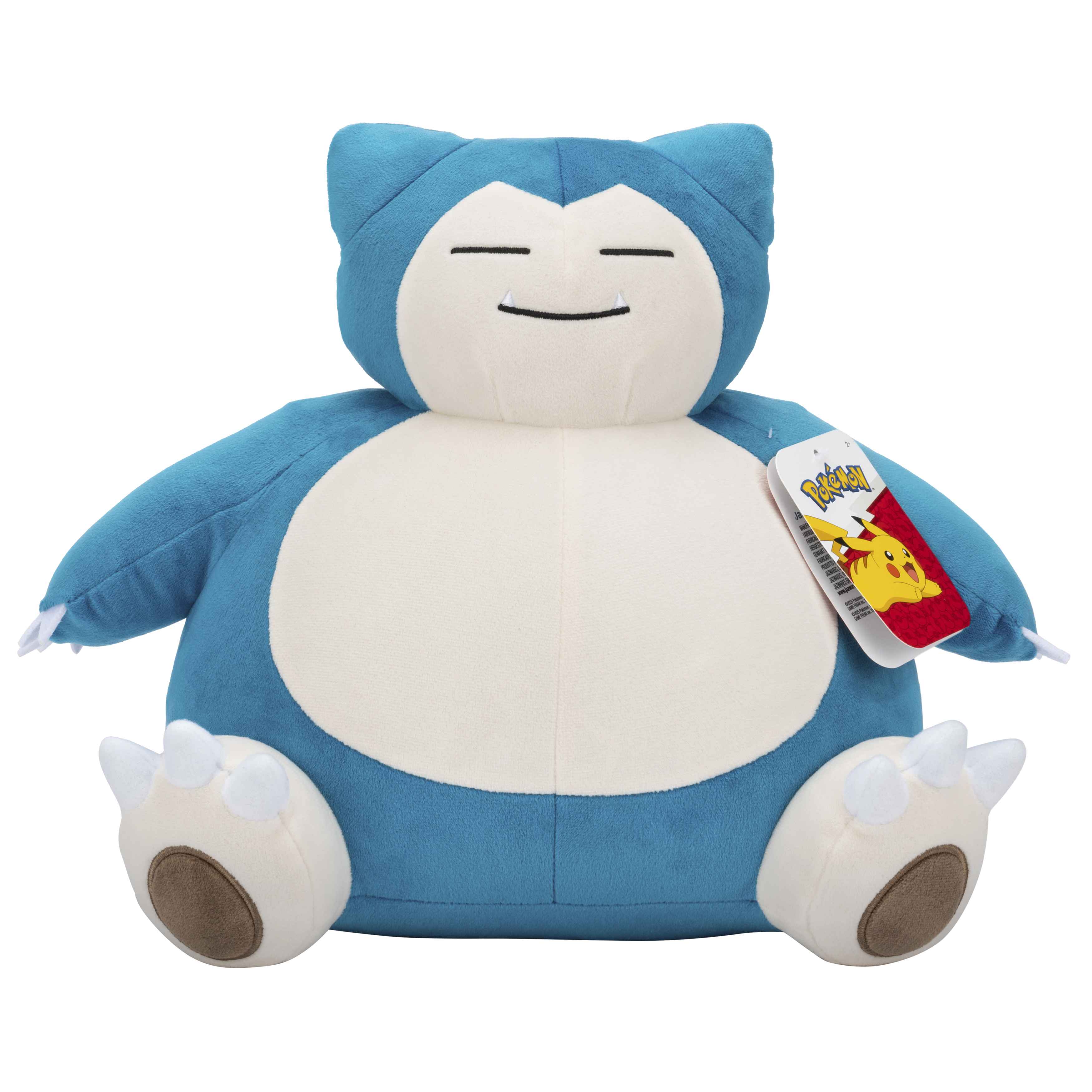 Un peluche di Snorlax. È blu con la pancia color crema. Ha un'etichetta con scritto Pokemon.