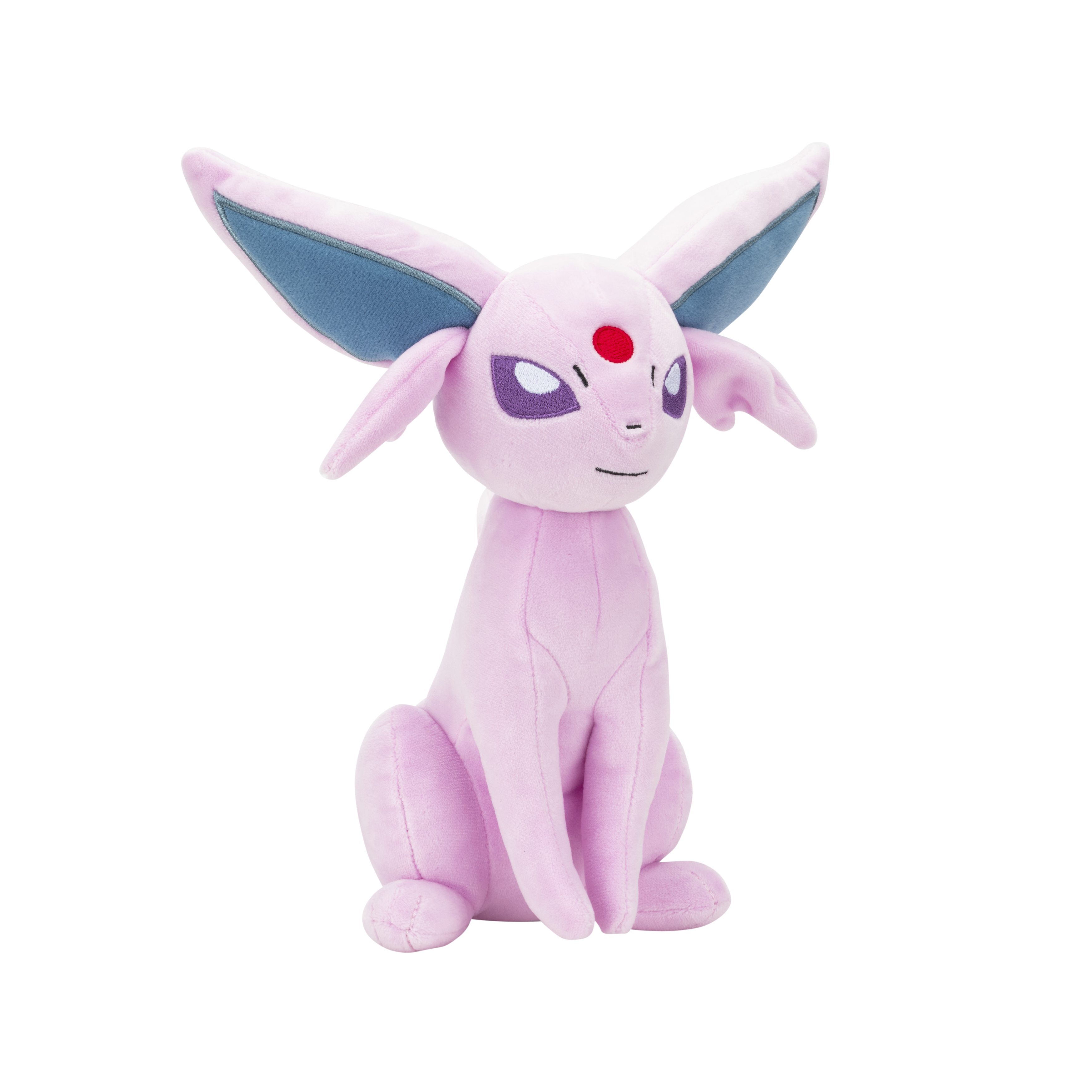 Un peluche rosa di un personaggio Pokémon, Espeon, con grandi orecchie, una gemma rossa sulla fronte e occhi viola.
