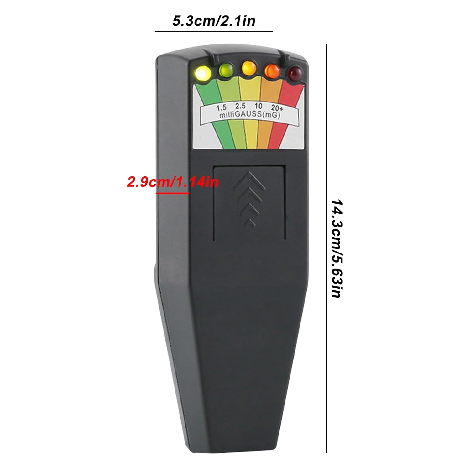 Ein schwarzes EMF-Messgerät mit Anzeige und Lichtern, 14,3 cm groß. Die Anzeige zeigt MilliGauss-Werte. Das Gerät hat einen Knopf.