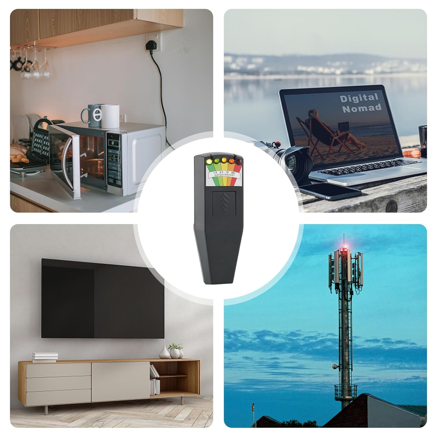 Eine Collage mit Mikrowelle, Laptop mit 'Digital Nomad', Fernseher, Funkturm und schwarzem EMF-Messgerät.