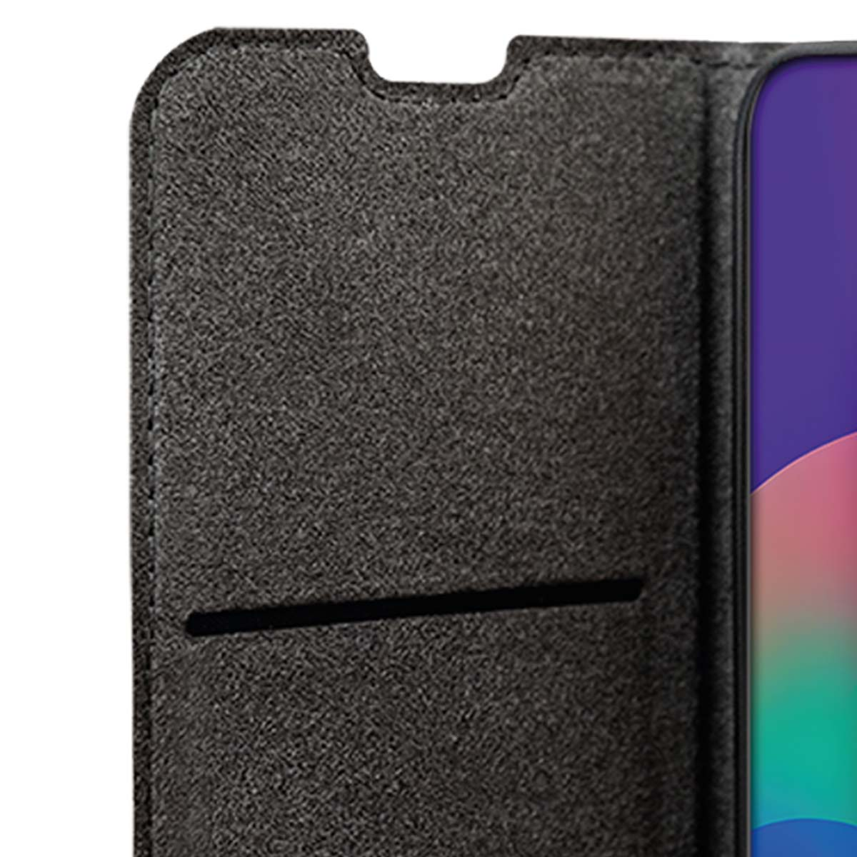 Primo piano di una custodia grigia per telefono con un ritaglio per l'altoparlante e uno slot per carte. Lo schermo del telefono è visibile.