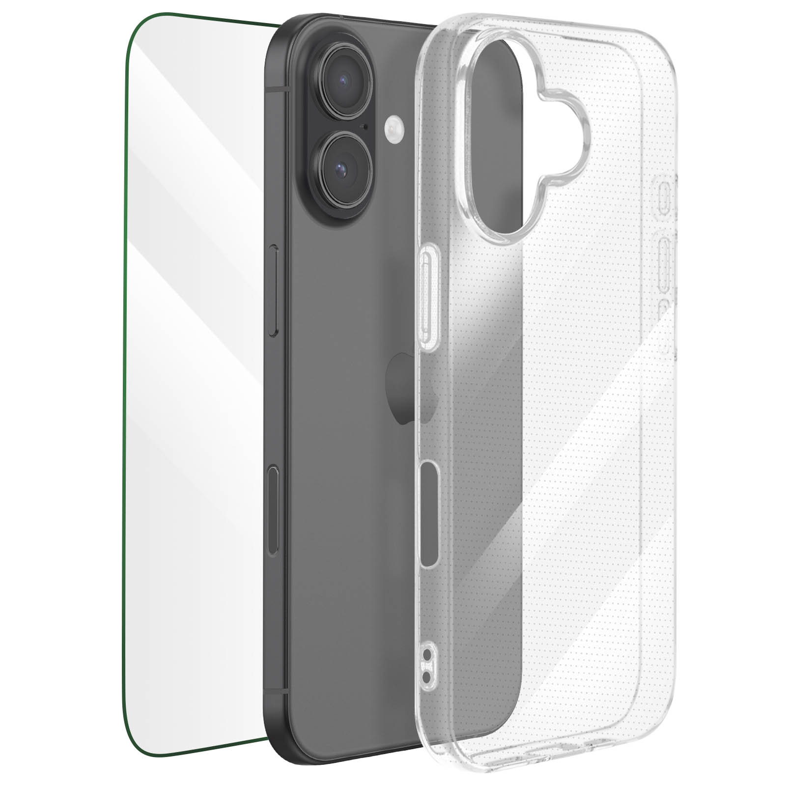 Ein Smartphone mit Displayschutz und durchsichtiger Handyhülle. Das Telefon ist dunkelgrau.
