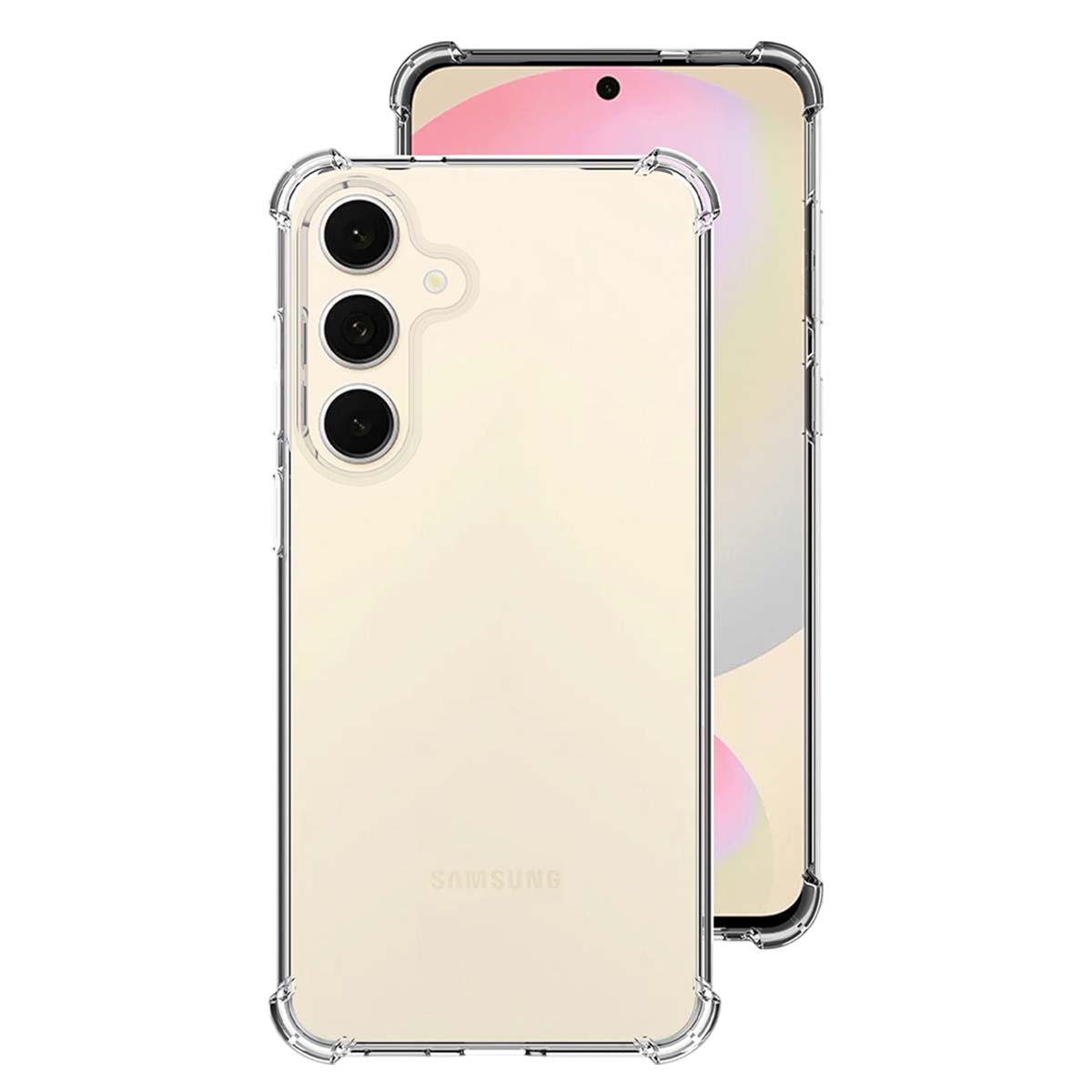 Dos teléfonos en fundas transparentes, uno enfocado. Las fundas tienen esquinas protectoras. El teléfono del fondo muestra una pantalla con tonos rosados.