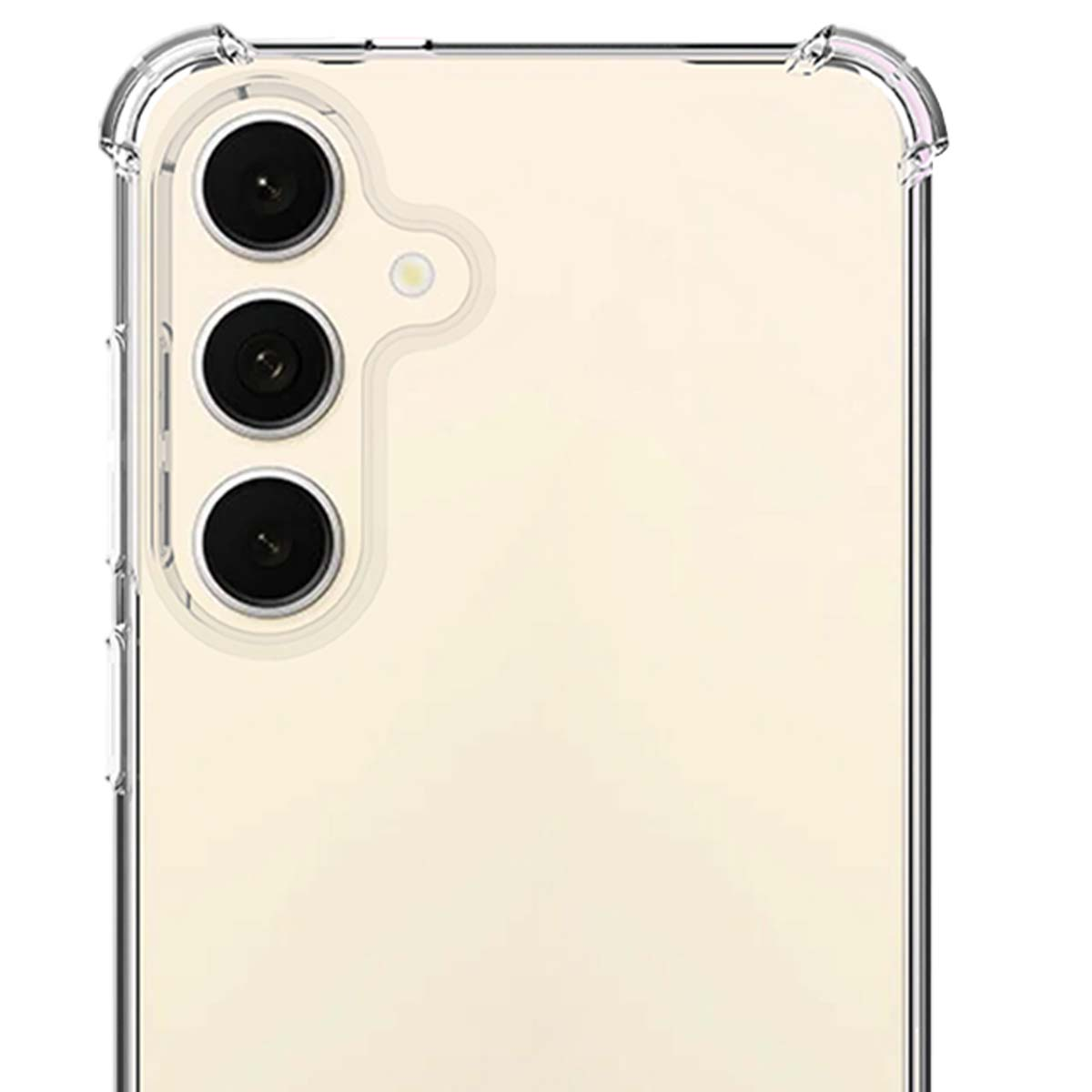Primer plano de la parte trasera de un smartphone con tres lentes de cámara y una funda protectora transparente. Fondo crema.