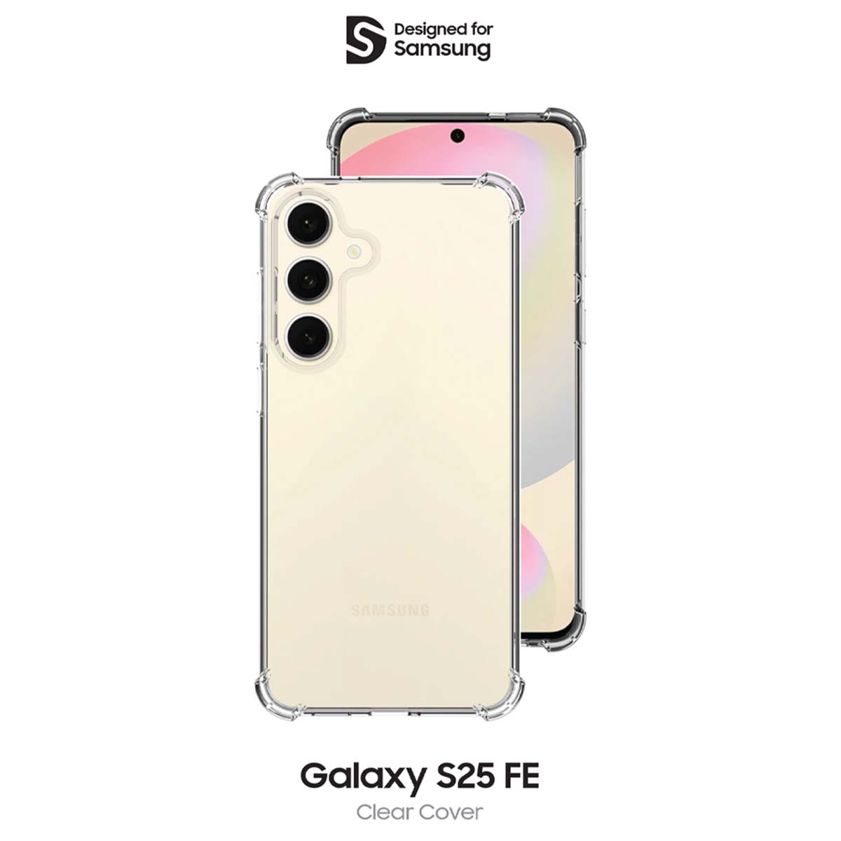 Una funda transparente protege un teléfono Galaxy S25 FE. El teléfono tiene tres lentes de cámara y está diseñado para Samsung.