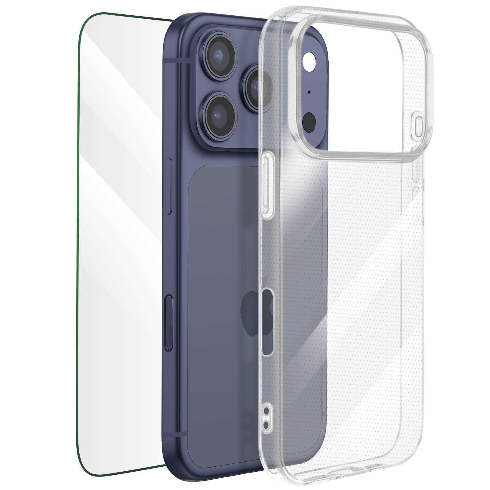 Blaues Telefon mit klarer Hülle und Displayschutz. Drei Kameras sichtbar. Weißer Hintergrund.