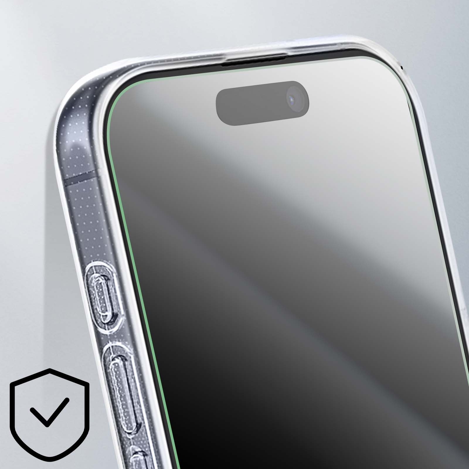 Nahaufnahme eines Handybildschirms mit klarer Hülle. Das Telefon hat eine Kamera und einen Displayschutz. Ein Sicherheitssymbol ist vorhanden.