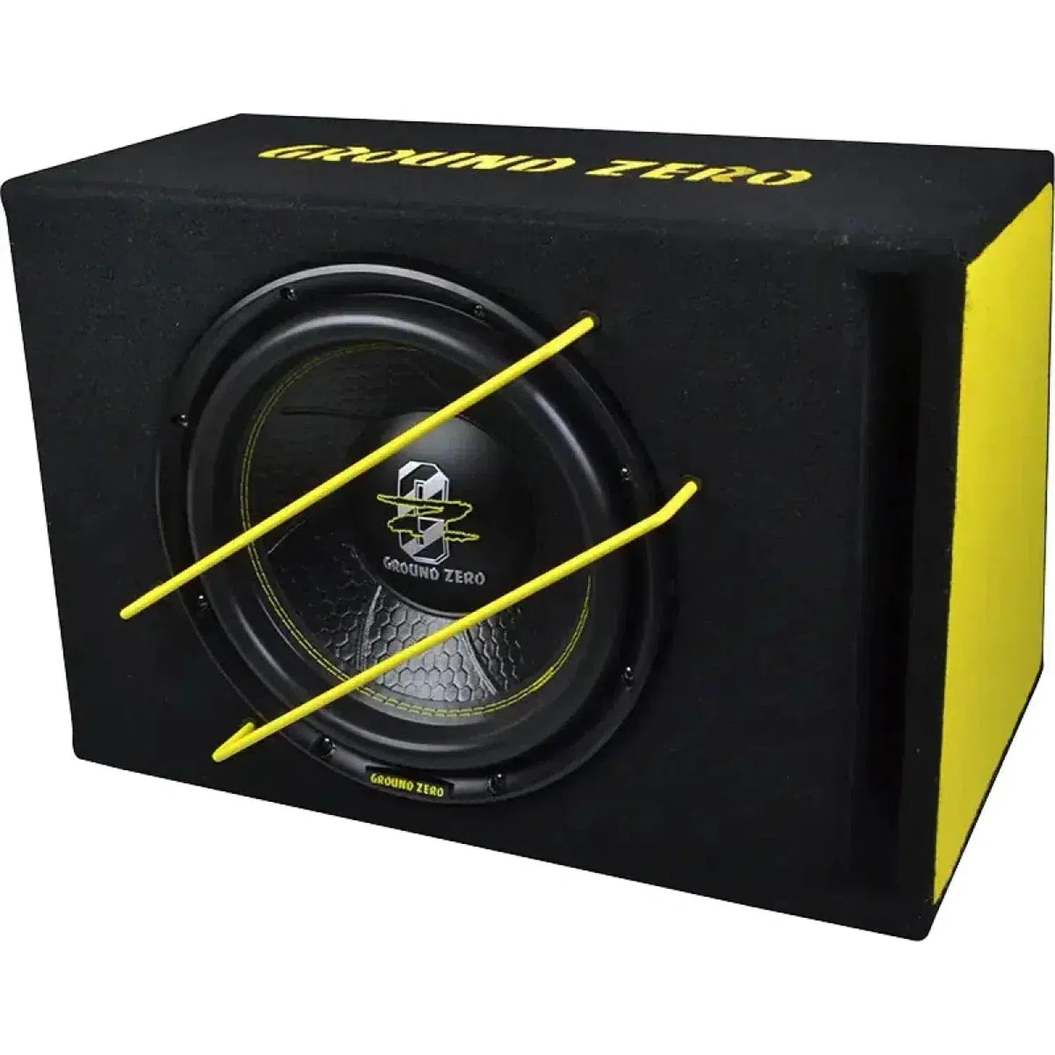 Schwarze Subwoofer-Box mit gelben Akzenten. Es hat einen großen Lautsprecher, gelbe Streben und den Markennamen 'Ground Zero' in Gelb.