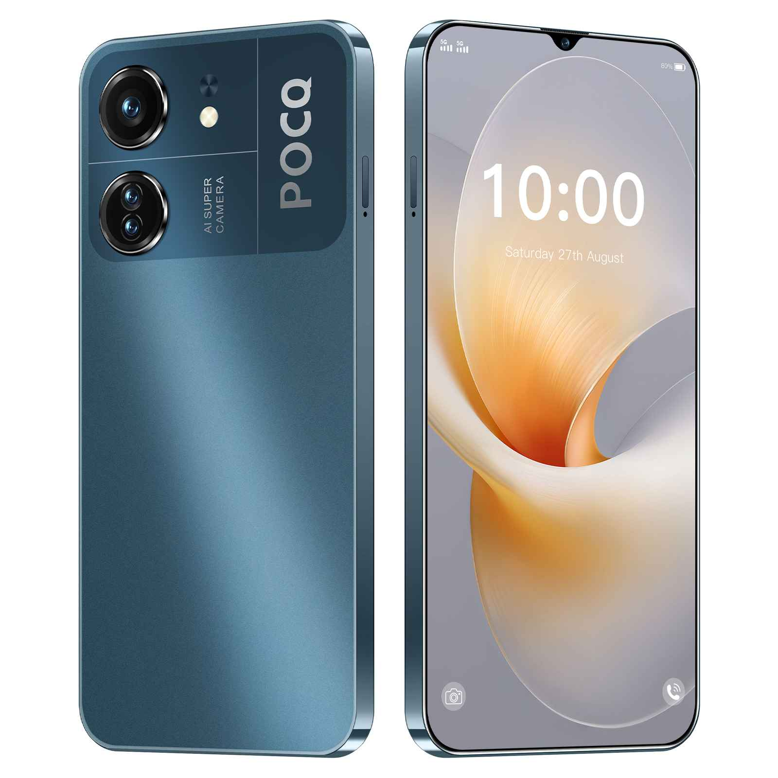 Ein blaues Smartphone, das Zeit und Datum anzeigt. Es hat eine Kamera auf der Rückseite und den Markennamen POCO.