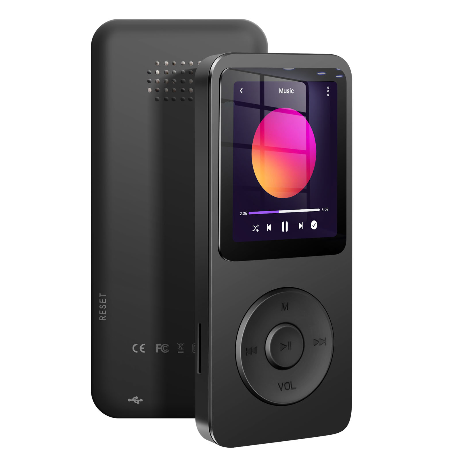Un lettore MP3 nero con schermo che mostra un'interfaccia musicale. Tasti di navigazione e volume visibili.