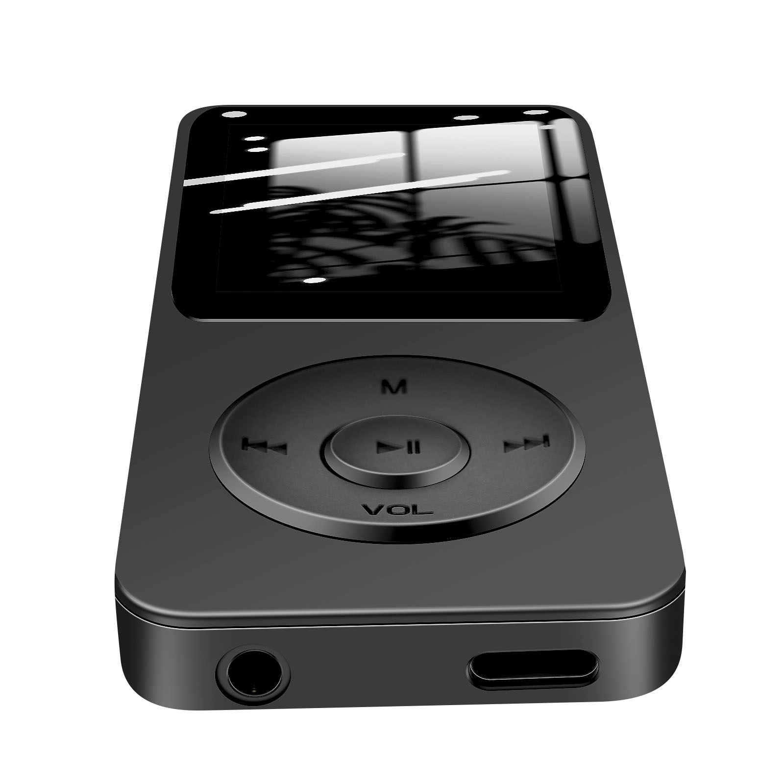Lettore MP3 nero con schermo, pulsanti di controllo e porte. È isolato su sfondo bianco.