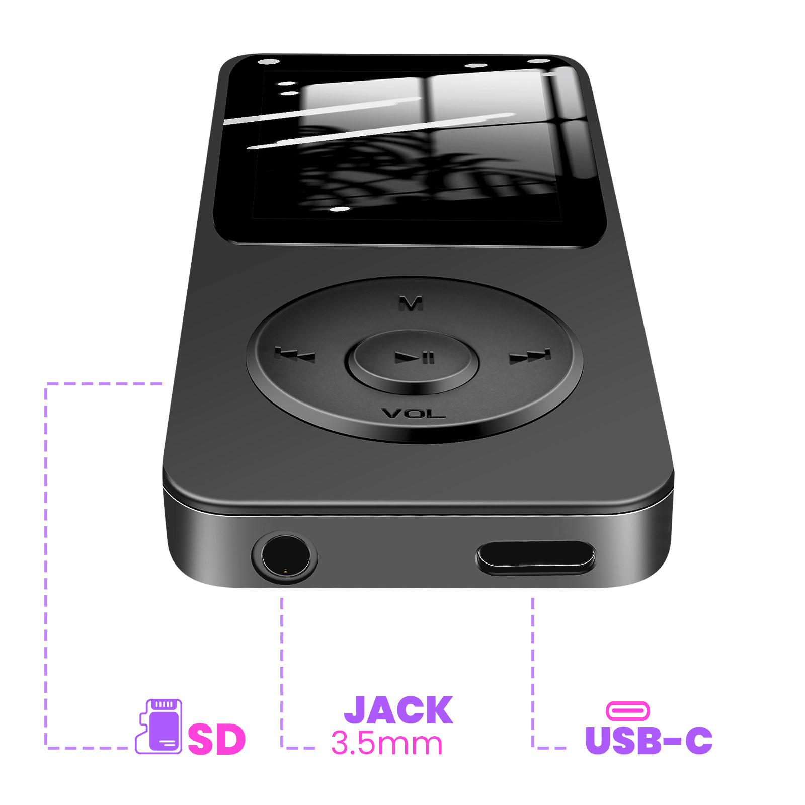 Lettore MP3 nero con schermo, pulsanti e porte per scheda SD, jack da 3,5 mm e USB-C. Sfondo bianco.