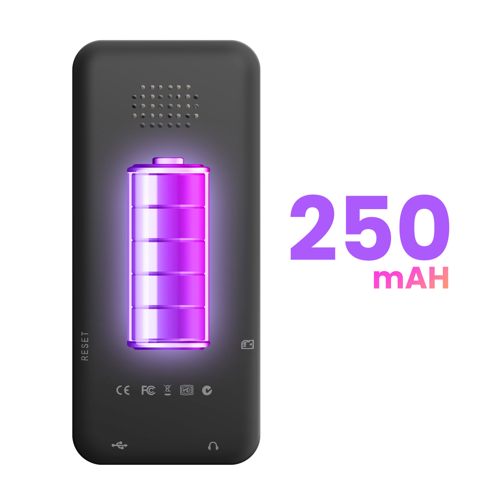 Un dispositivo nero con un'icona della batteria viola brillante. A destra '250 mAh' in viola e rosa.