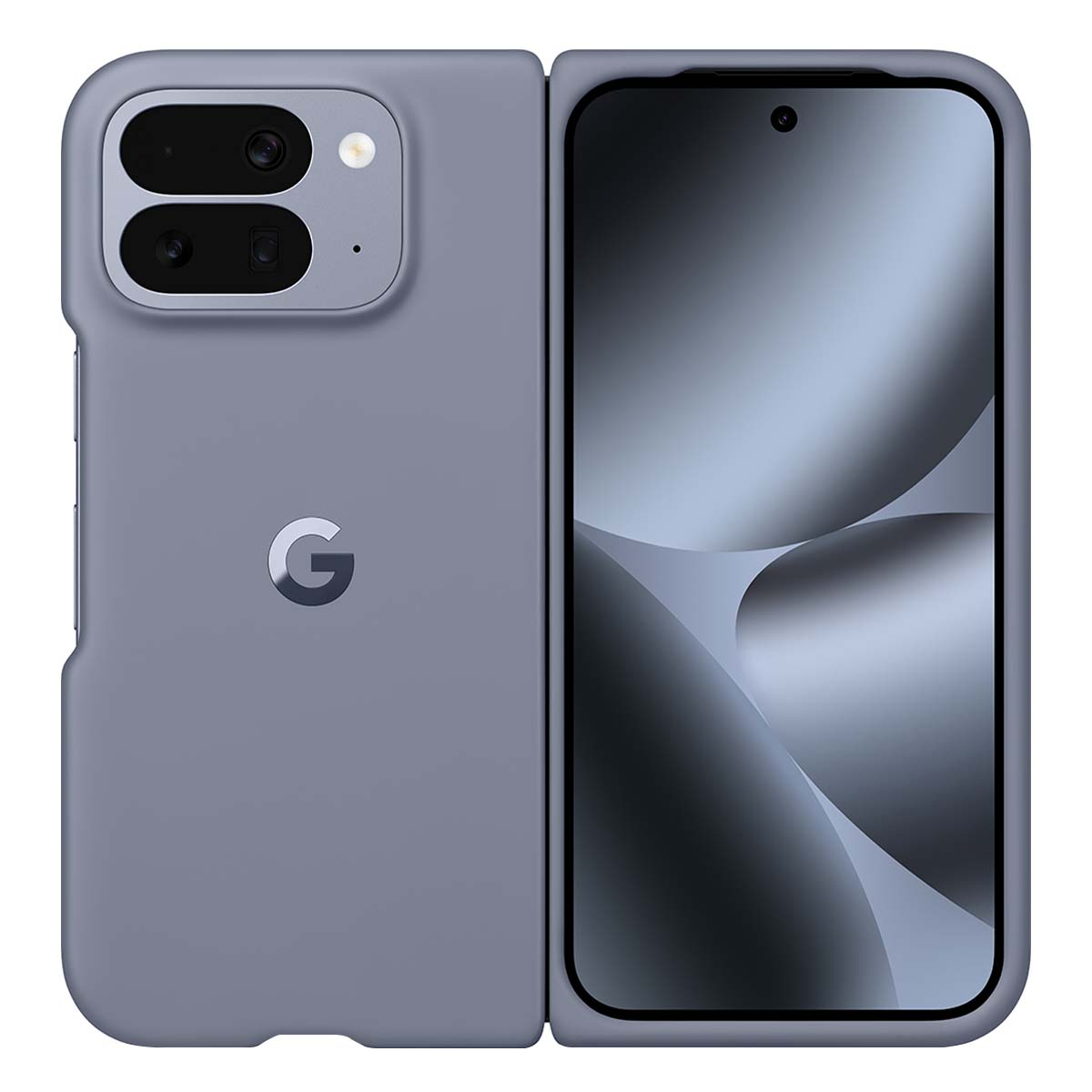 Un teléfono plegable gris. A la izquierda hay cámaras y el logo de Google. El teléfono está abierto, mostrando una pantalla gris curva.