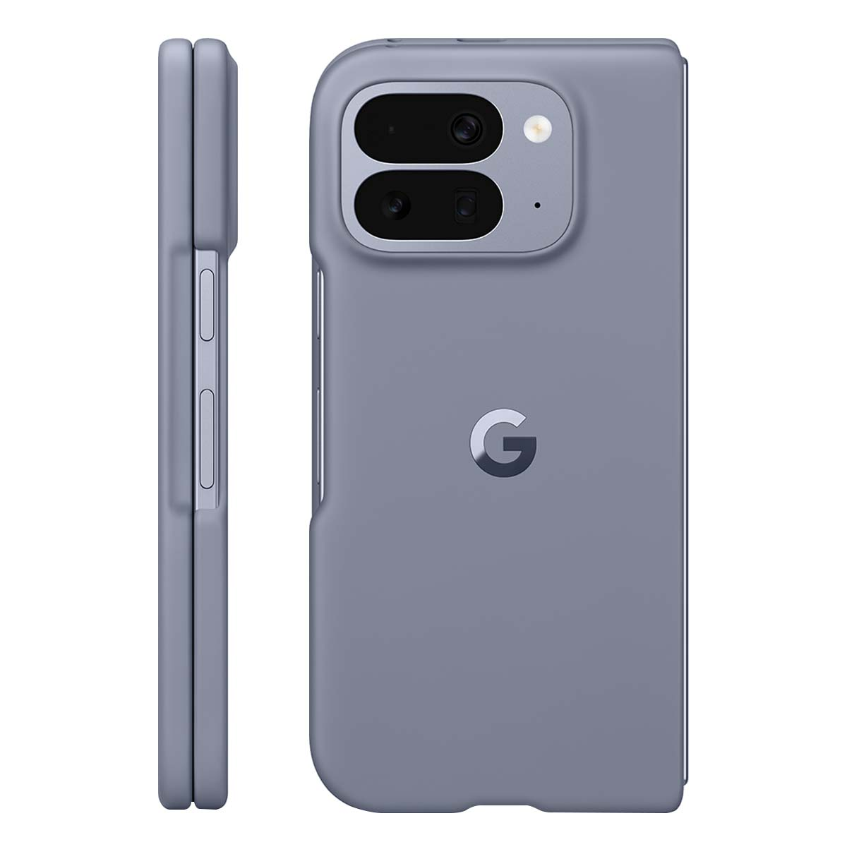 Funda de teléfono gris, mostrando la parte trasera con módulo de cámara y el logo de Google. El teléfono está doblado.