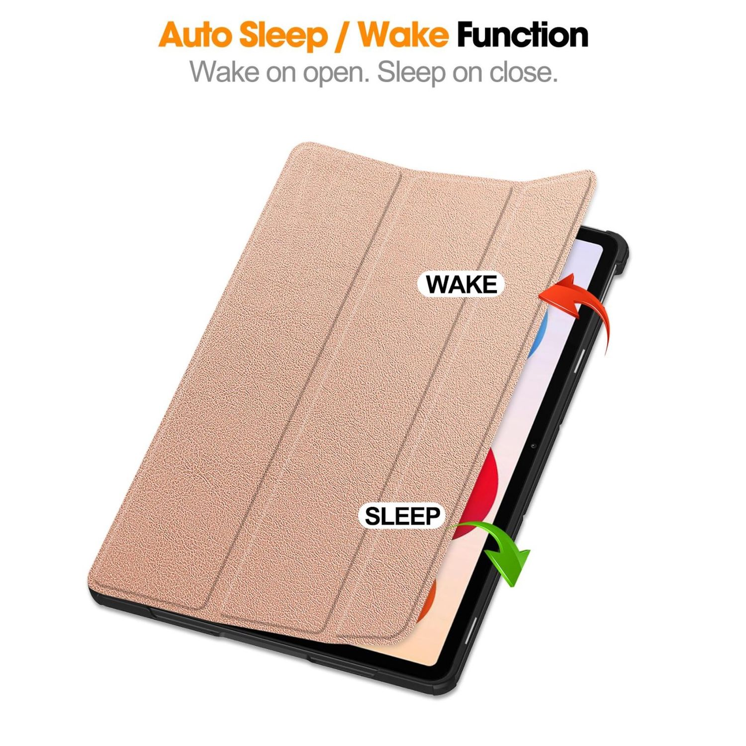 Una tableta con una funda beige, parcialmente abierta. Texto: 'Wake' y 'Sleep' con flechas. Escrito: 'Auto Sleep/Wake Function'.