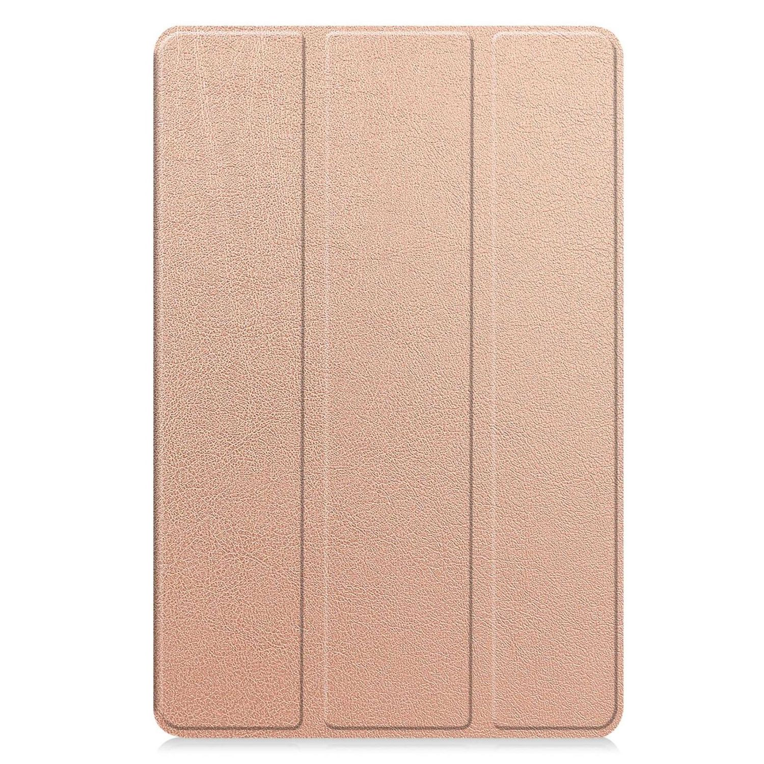 Se muestra una funda de tableta de oro rosa. Tiene una superficie texturizada con tres paneles y está cerrada. El fondo es blanco.