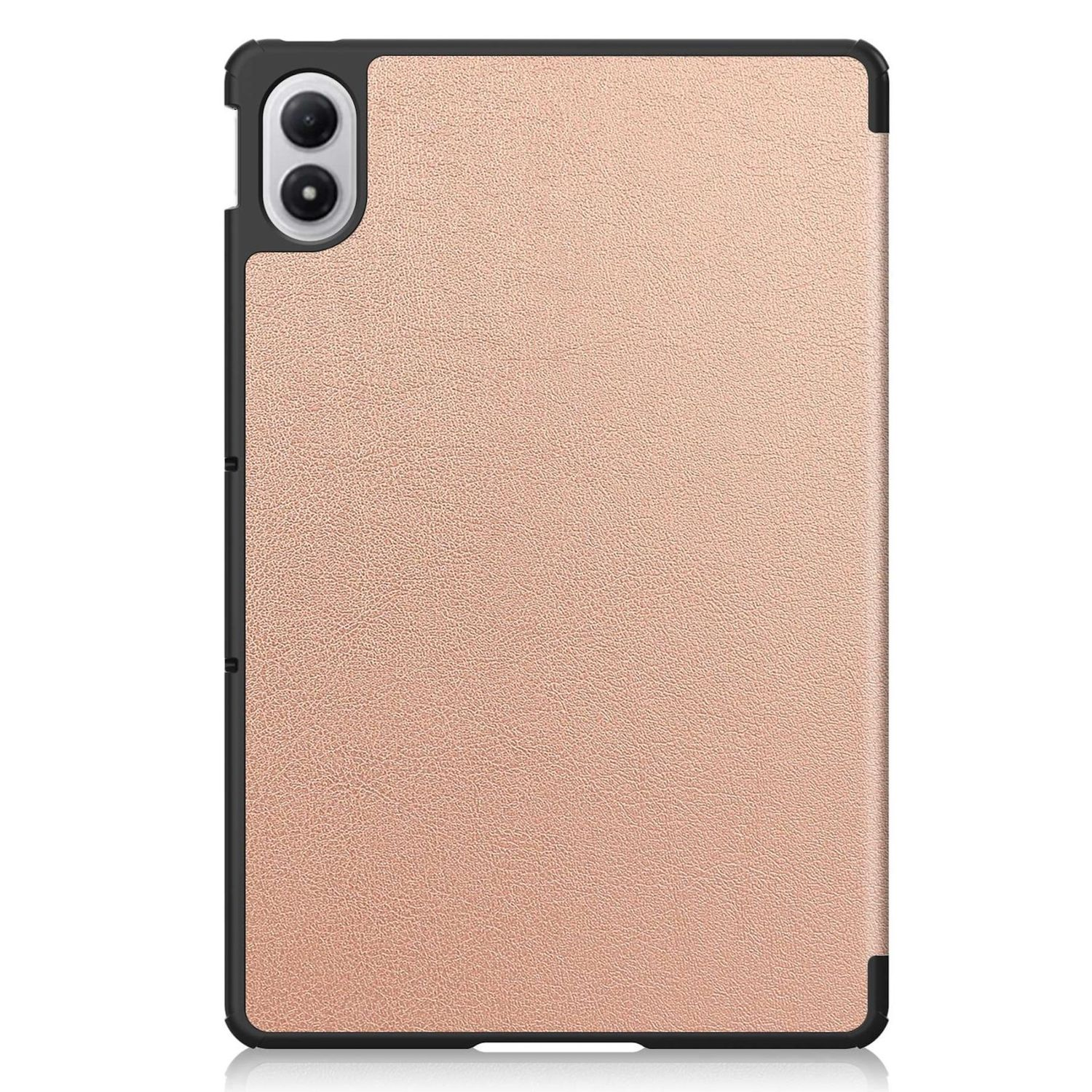 Una funda para tableta con una parte trasera texturizada de oro rosa y un marco negro. La cámara es visible en la parte superior izquierda.