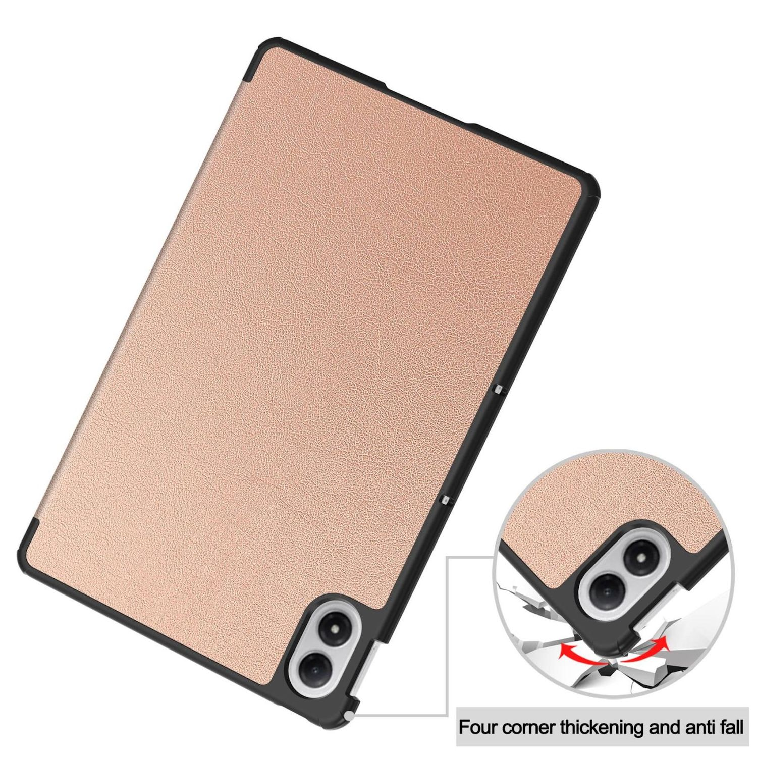 Una funda para tableta con superficie rosa texturizada y marco negro. La funda tiene un recorte para la cámara y el texto 'Four corner thickening and anti fall'.