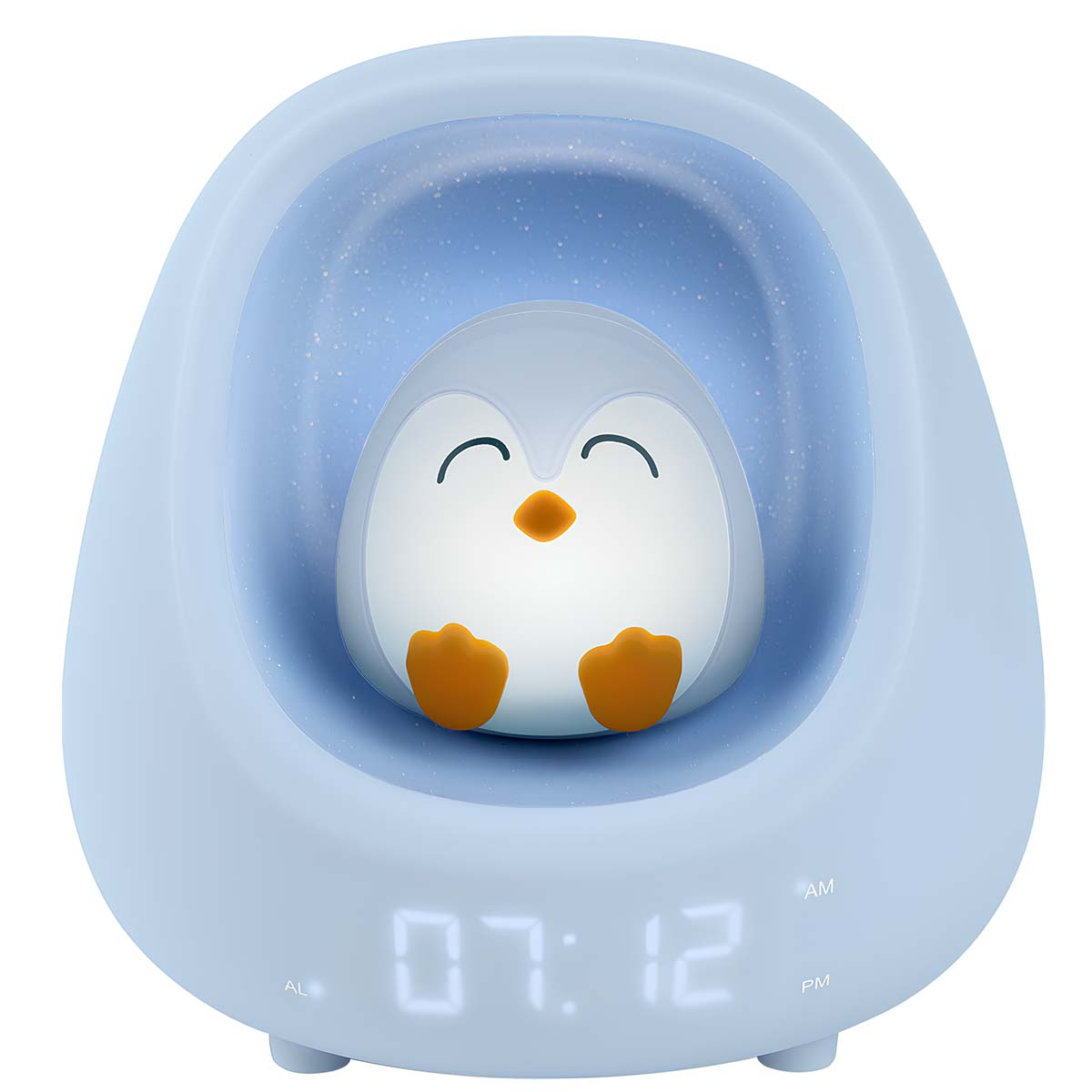 Una luz nocturna azul con forma de pingüino y un reloj digital que muestra las 07:12. El pingüino es blanco con pies y pico naranjas.