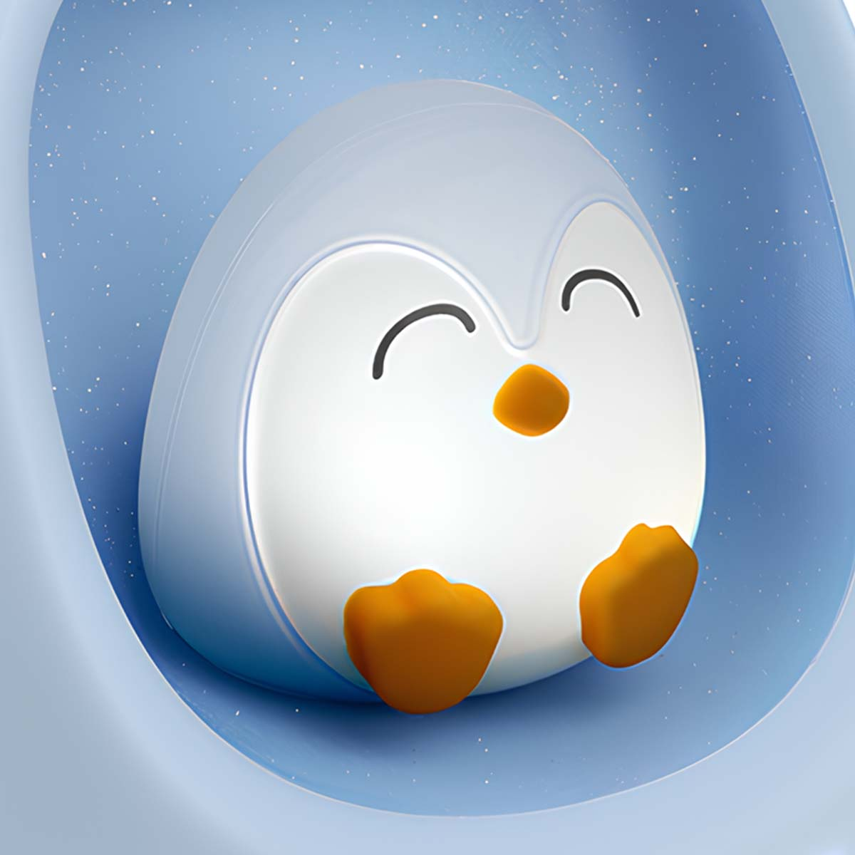 Un pingüino de dibujos animados en un entorno azul. El pingüino tiene cuerpo blanco, pies naranjas y pico amarillo. Está sonriendo.