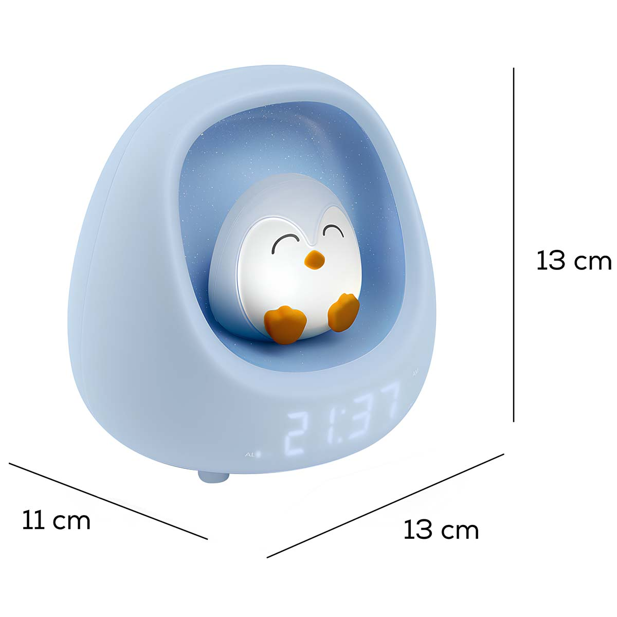 Una luz nocturna con forma de pingüino con reloj digital. Exterior azul claro. El pingüino es blanco con patas y pico naranjas. Se muestran las dimensiones.