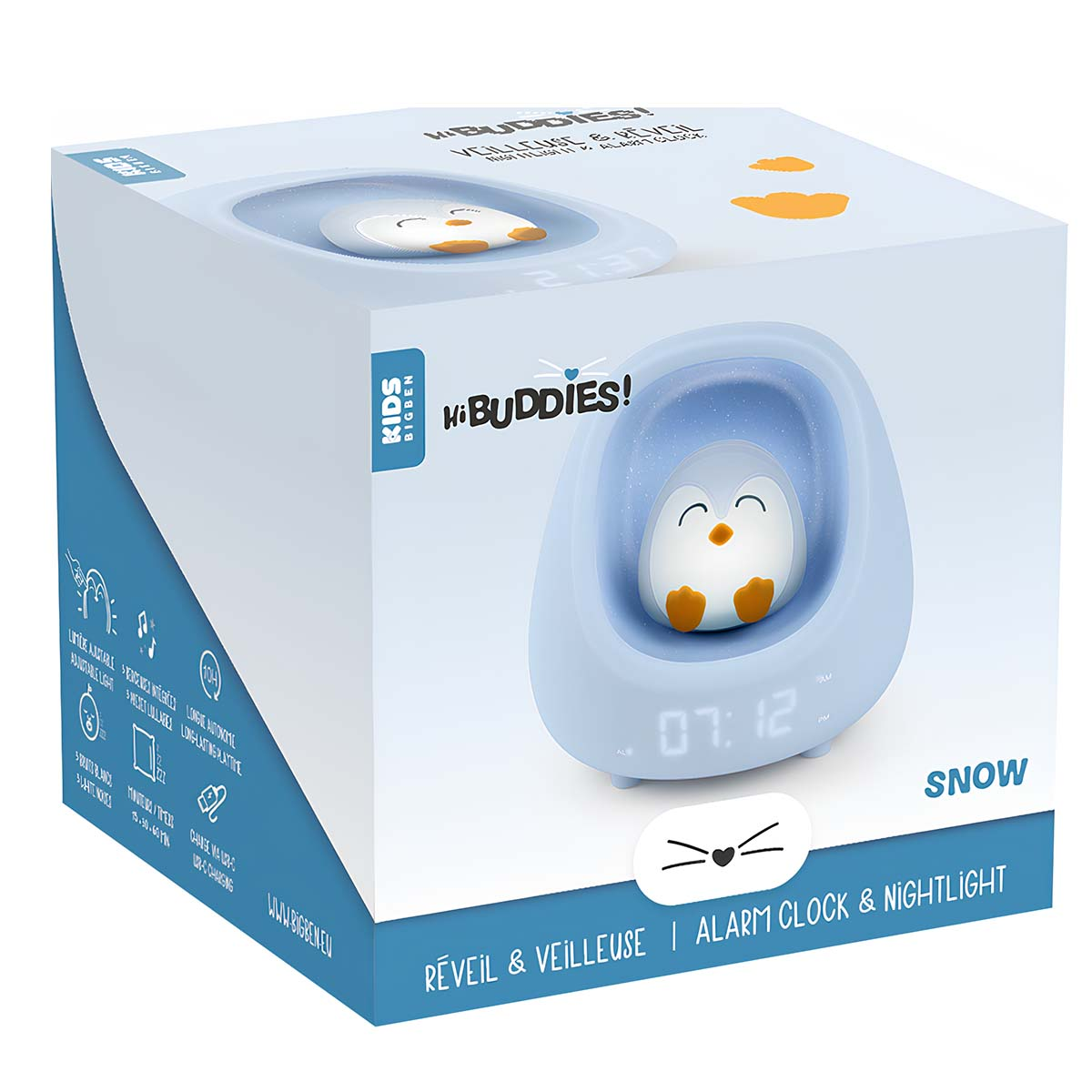 Una caja con una luz nocturna de pingüino azul, nubes blancas y texto. La luz nocturna tiene un reloj digital que muestra 07:12. El texto dice 'Hi Buddies!'