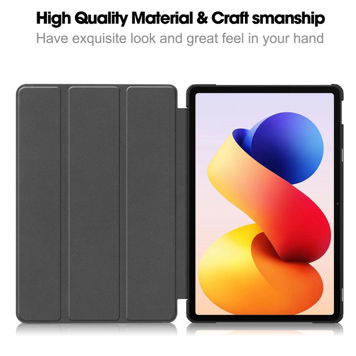 Funda de tableta abierta, mostrando un diseño abstracto colorido en la pantalla. La funda es gris oscuro. Texto arriba: Material de alta calidad.