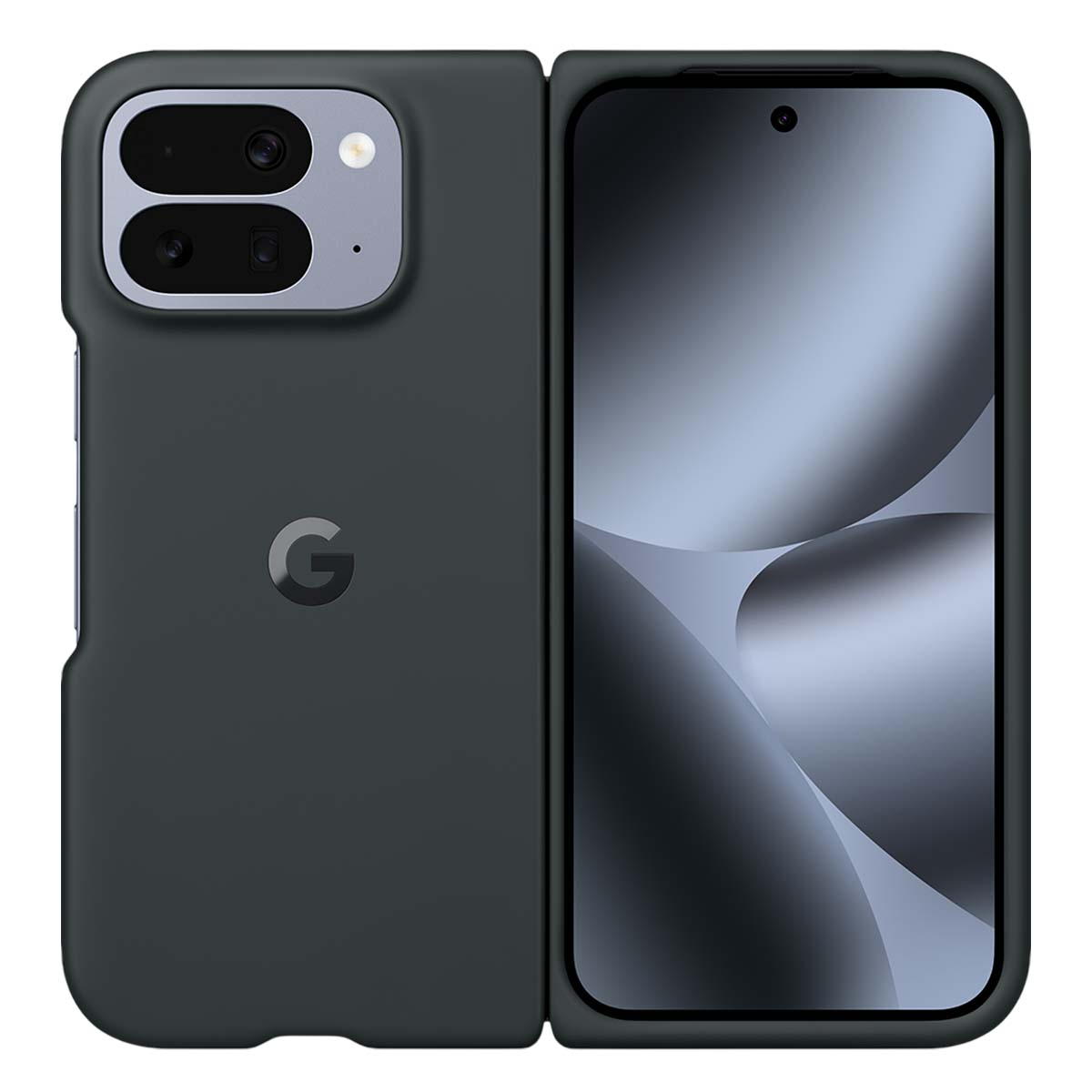 Teléfono plegable gris oscuro con logo de Google. El teléfono está abierto, mostrando la pantalla. La cámara tiene dos lentes.