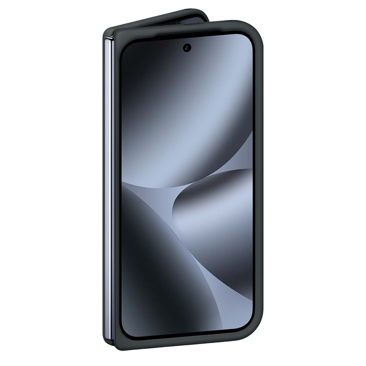 Smartphone plegable en funda gris oscuro, ligeramente abierto, mostrando pantalla degradada y cámara.