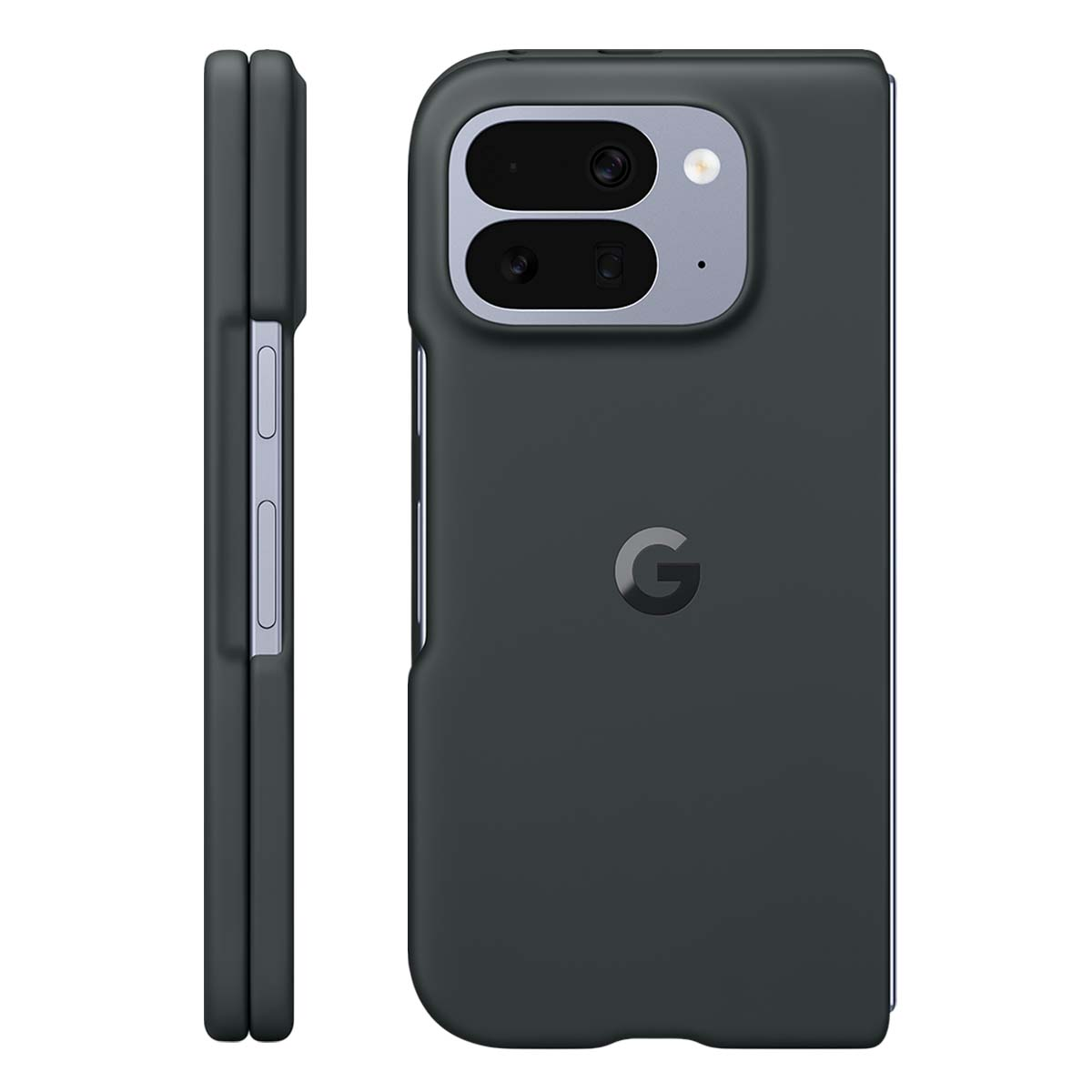 Una funda de teléfono gris oscuro con el logotipo de Google. Tiene un recorte para la cámara y una vista lateral que muestra su grosor.