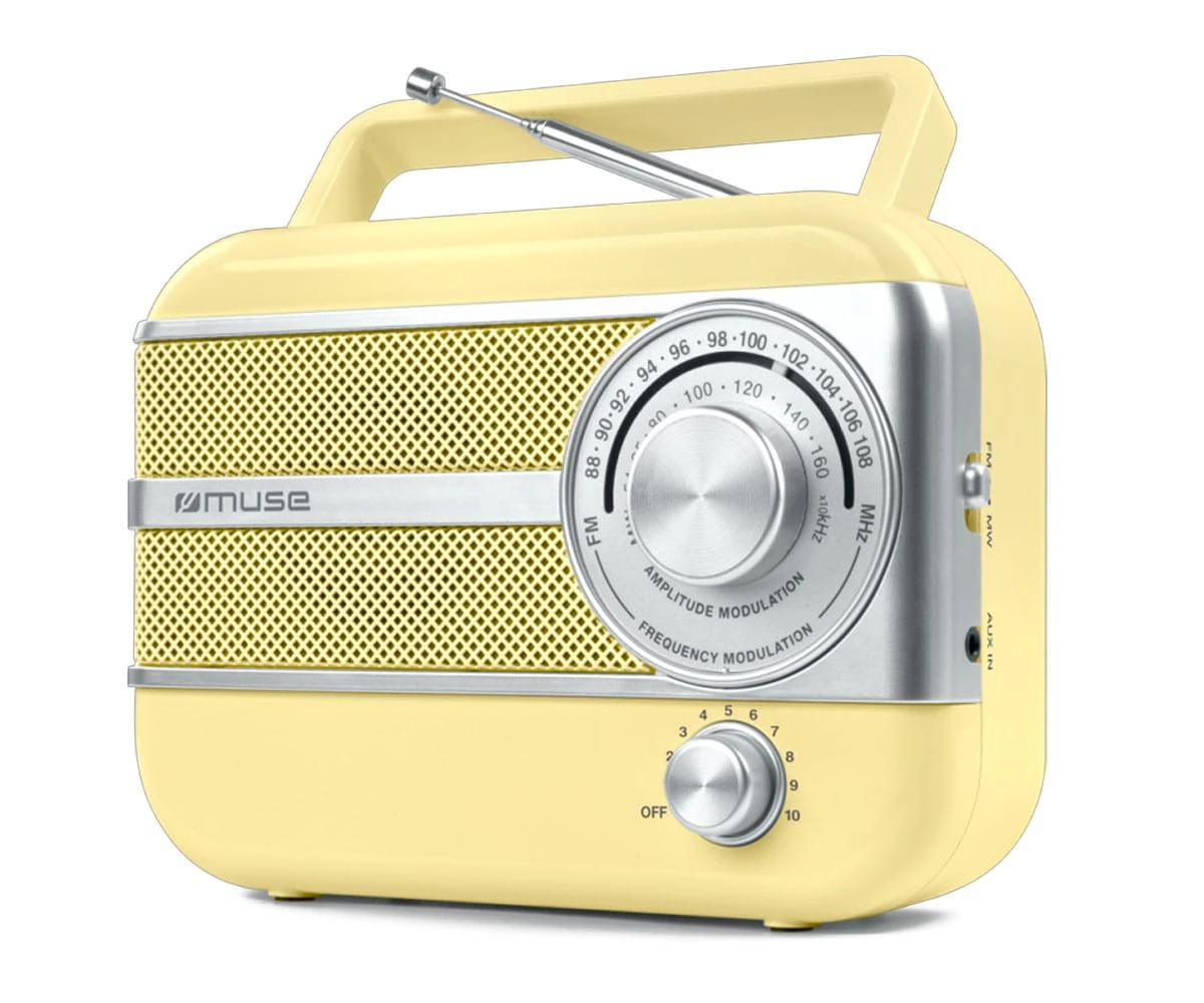 Una radio retrò color crema con maniglia e antenna. Ha un altoparlante, un quadrante di sintonizzazione e una manopola del volume. Il marchio è 'muse'.