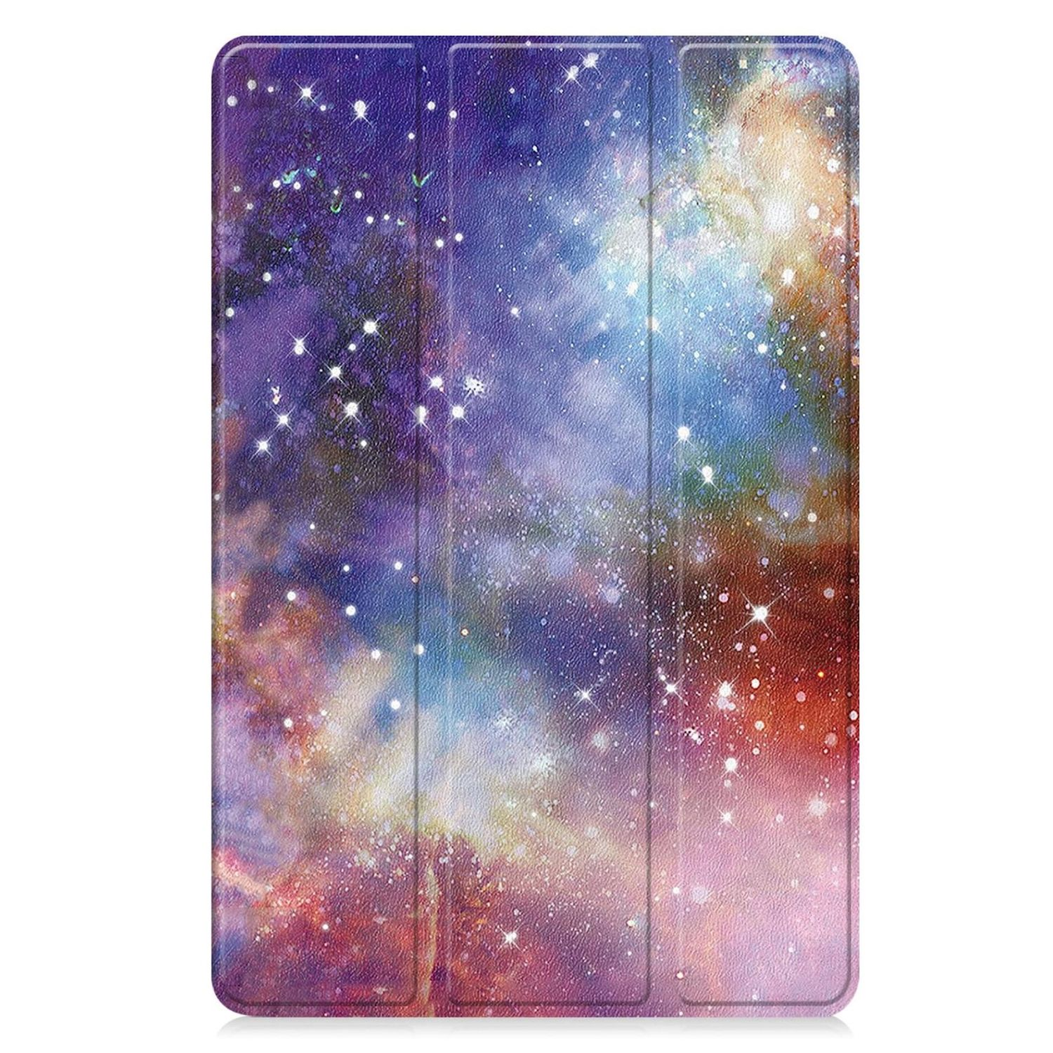 Tablet-Hülle mit Galaxie-Design. Es hat lila, blaue und orange Farbtöne mit weißen sternartigen Punkten.