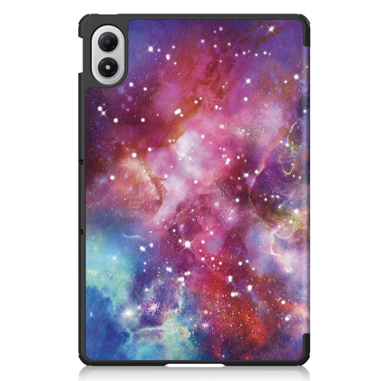 Eine Tablet-Hülle mit Galaxie-Design. Die Hülle ist schwarz mit einem lebendigen Nebelmuster in Lila, Rosa und Blau, mit hellen Sternen.