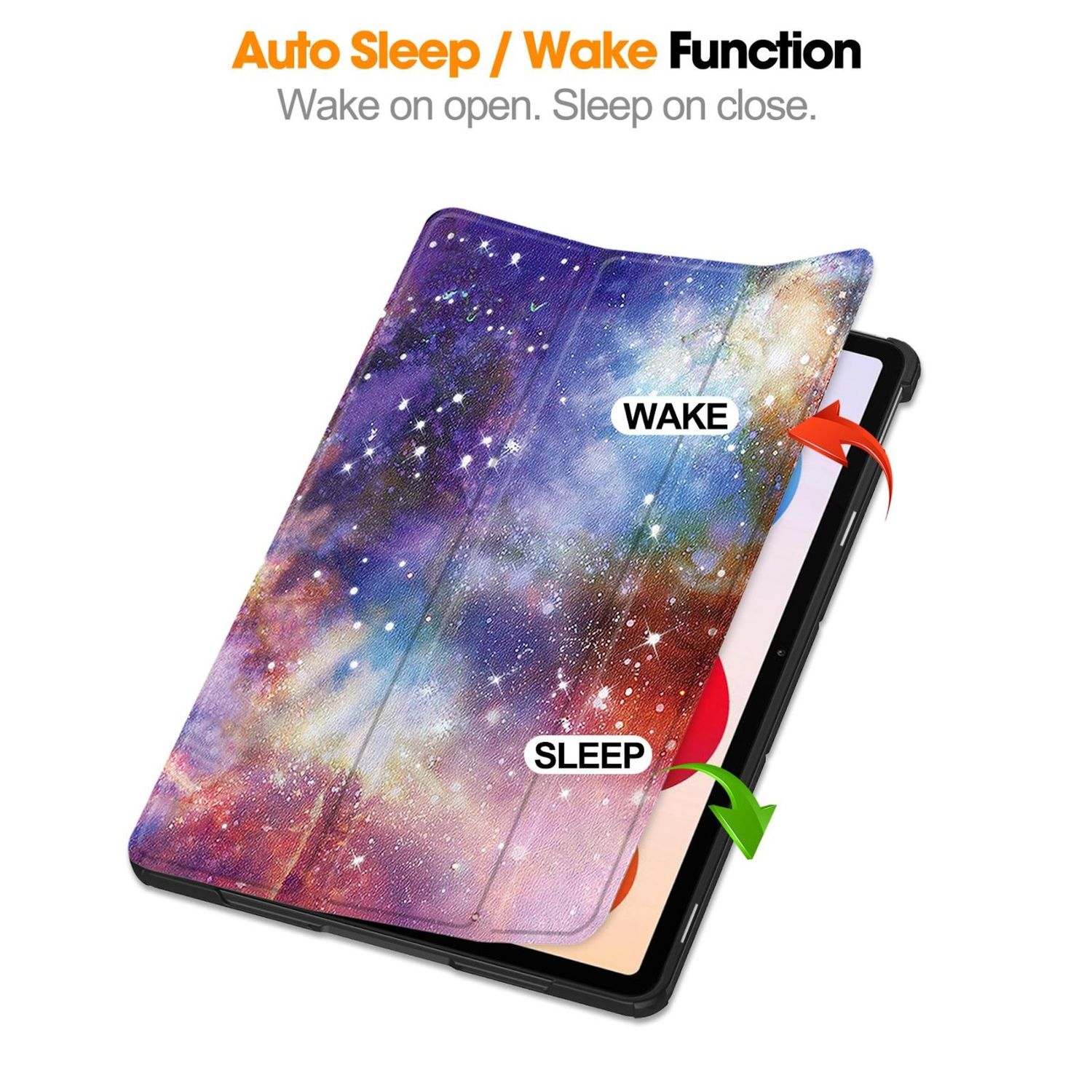 Geöffnete Tablet-Hülle mit Galaxiedesign. Text zeigt 'Wake' mit Pfeil. Ein weiterer Pfeil und Text 'Sleep' bei geschlossenem Cover.
