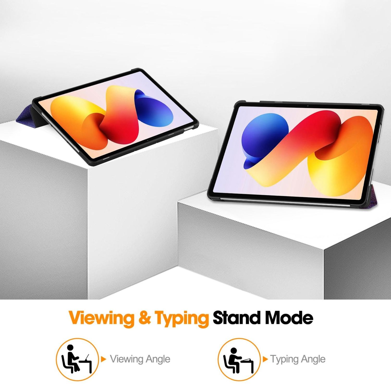 Zwei Tablets auf weißen Blöcken im Standmodus. Die Bildschirme zeigen bunte abstrakte Formen. Text darunter: 'Viewing & Typing Stand Mode'.