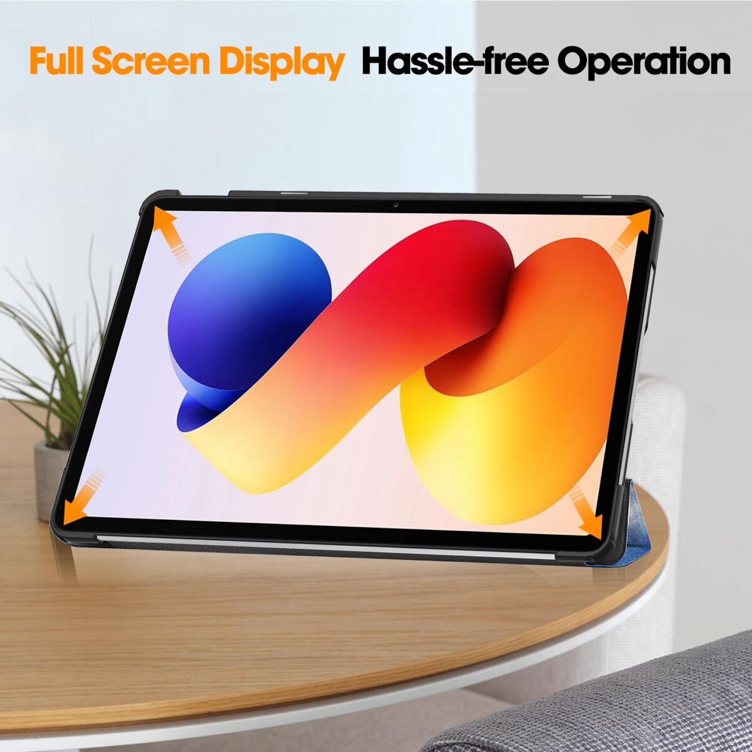 Tablet auf einem Tisch mit farbenfrohem Display. Der Text oben lautet 'Full Screen Display, Hassle-free Operation'.