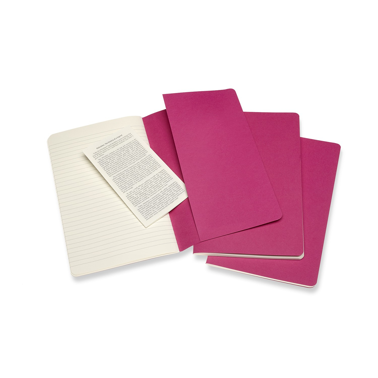 Offenes Notizbuch mit linierten Seiten, Text und drei geschlossenen pinkfarbenen Notizbüchern auf weißem Untergrund.