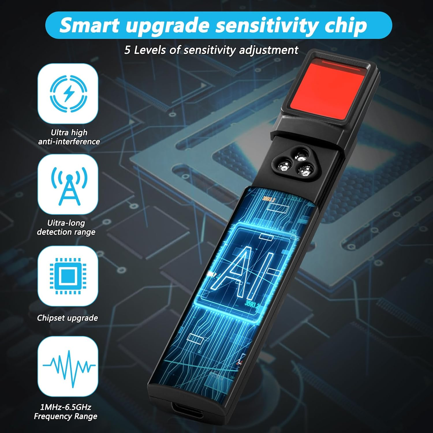 Ein schwarzes Gerät mit rotem Bildschirm, AI-Chip-Anzeige und Funktionssymbolen. Text: 'Smart upgrade sensitivity chip'.