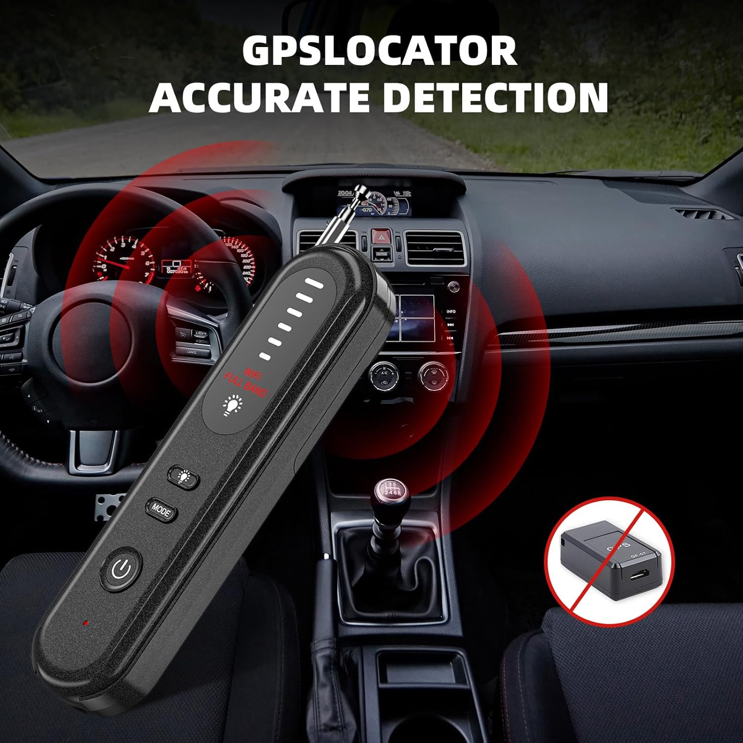 Ein GPS-Ortungsgerät im Innenraum eines Autos. Das Gerät ist schwarz mit weißen Lichtern. Rote Kreise heben den Erfassungsbereich hervor. Text sagt GPSLOCATOR.