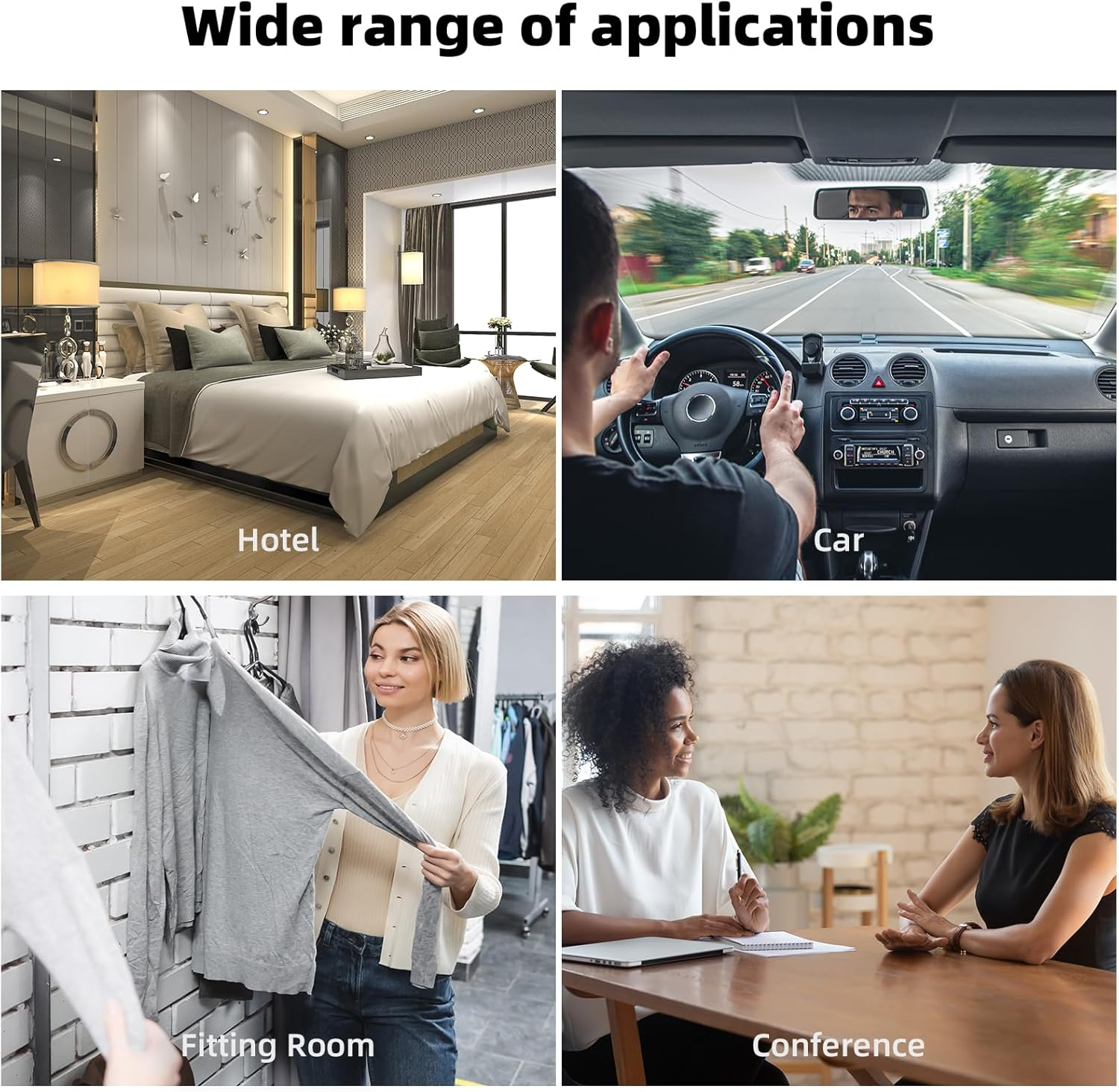 Das Bild zeigt Anwendungen: Hotelzimmer, Auto mit Fahrer, Umkleideraum mit Frau und Frauen in einem Konferenzraum.