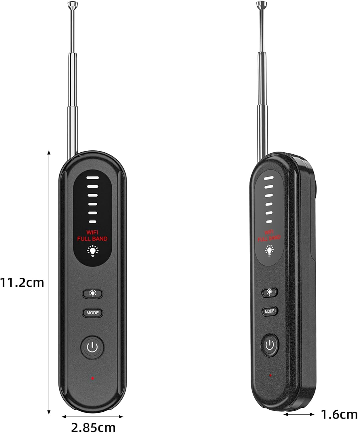 Schwarzes Gerät mit Antenne. Zeigt 'WIFI FULL BAND', Power- und Modustasten an. Abmessungen: 11,2 cm x 2,85 cm x 1,6 cm.