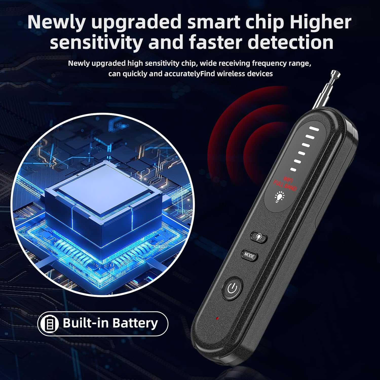 Ein schwarzes Gerät mit Antenne, Knöpfen und Lichtern. Eine blaue Platine befindet sich im Hintergrund. Text: Smart Chip und eingebauter Akku.