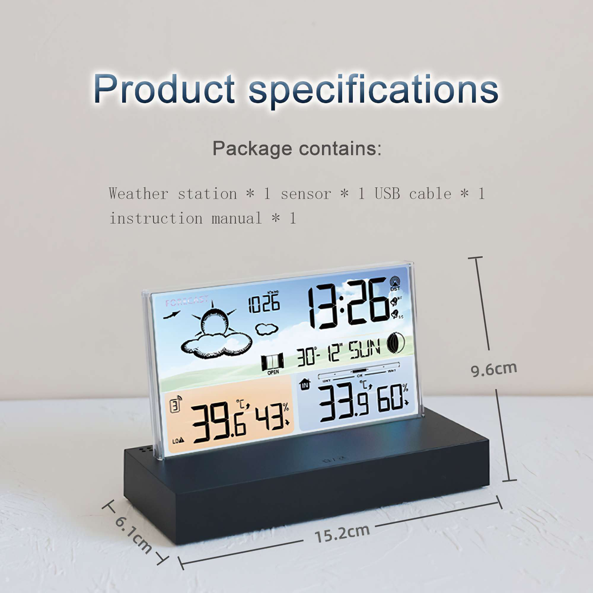 Eine Wetterstation zeigt Zeit, Temperatur und Luftfeuchtigkeit an. Schwarze Basis mit Abmessungen. Packungsinhalt ist oben aufgeführt.
