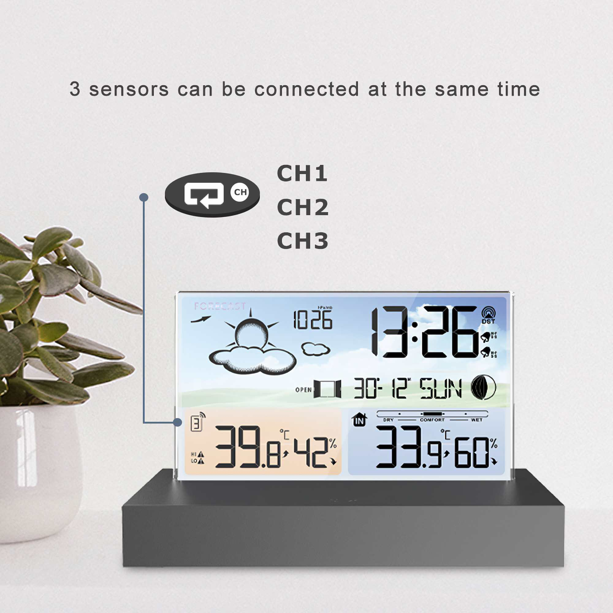 Wetterstation zeigt Zeit, Temperatur, Luftfeuchtigkeit und Wettersymbole an. Links ist eine Pflanze im weißen Topf.
